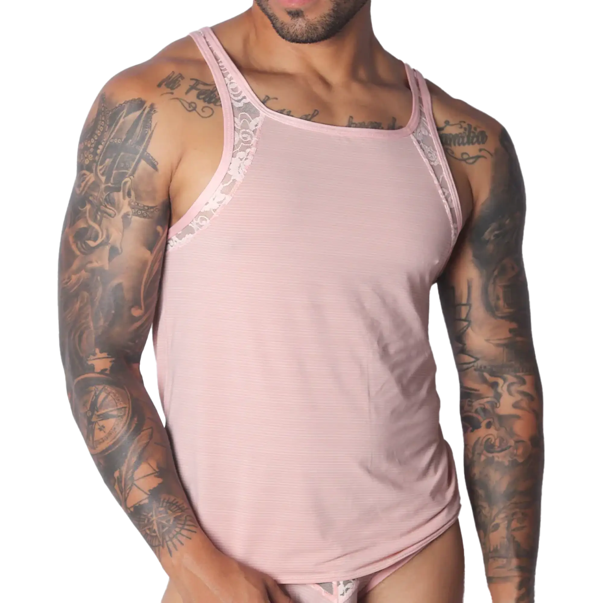 Romantic pink ribbed tank top featuring delicate white lace trim along the shoulders and neckline.