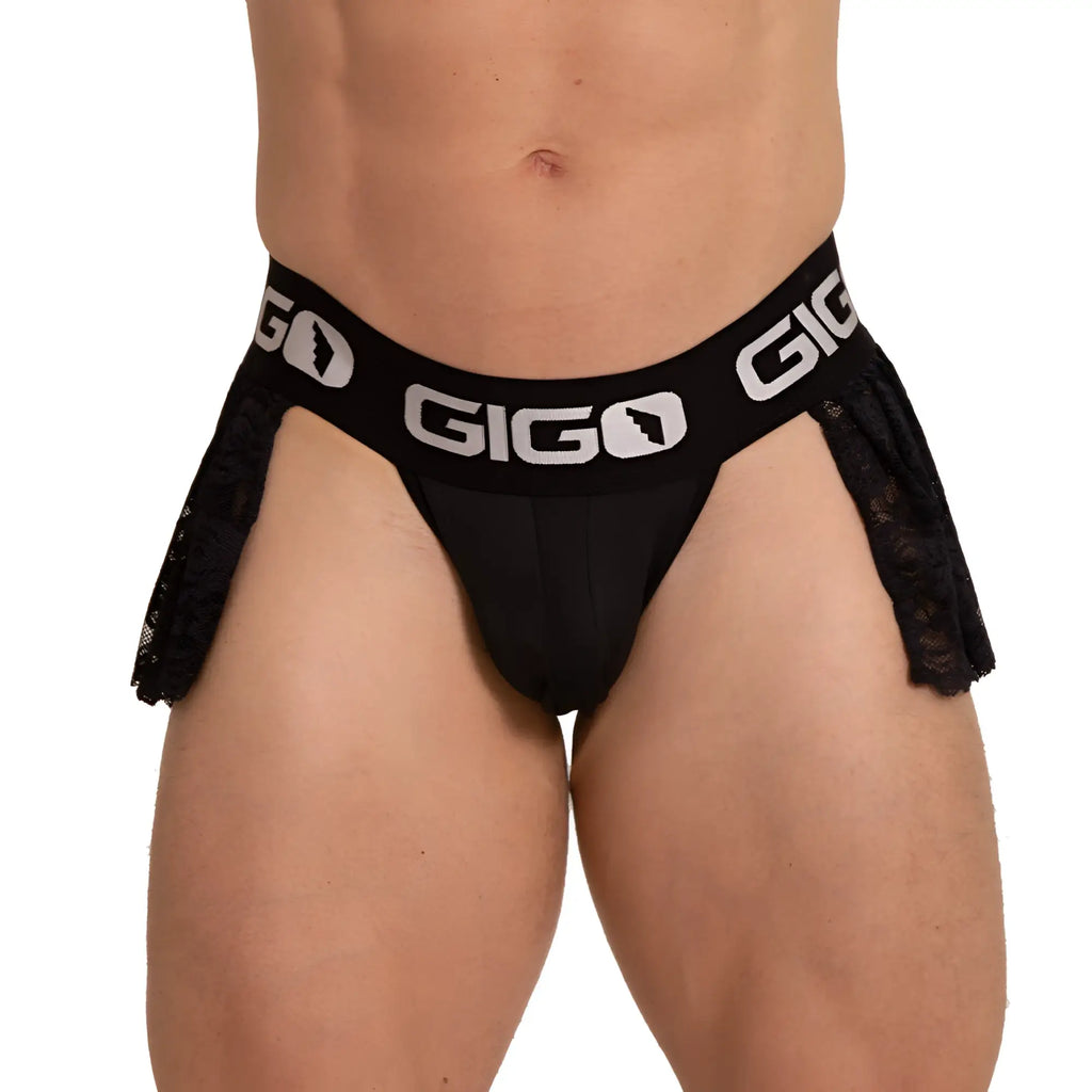 Black gigo brand briefs with lace trim on the sides featured in the gigo rosals jockskirt product image