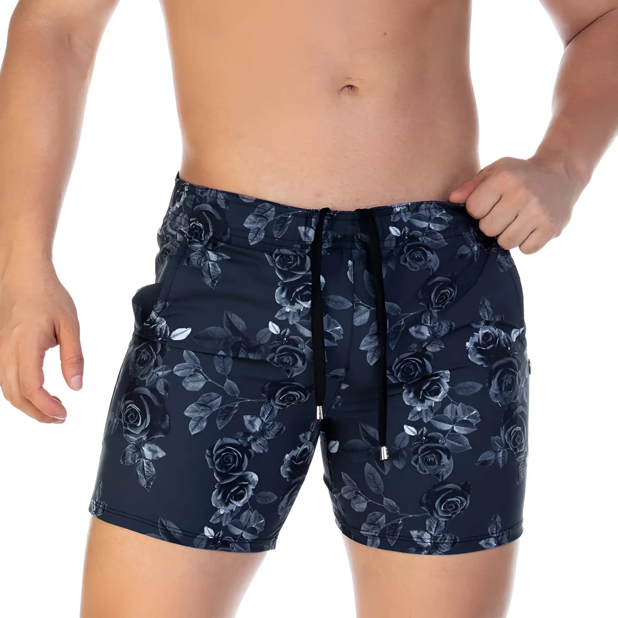 Dark blue gigo rose black beachwear swim trunks with subtle black and gray rose floral pattern and matching drawstring waistband