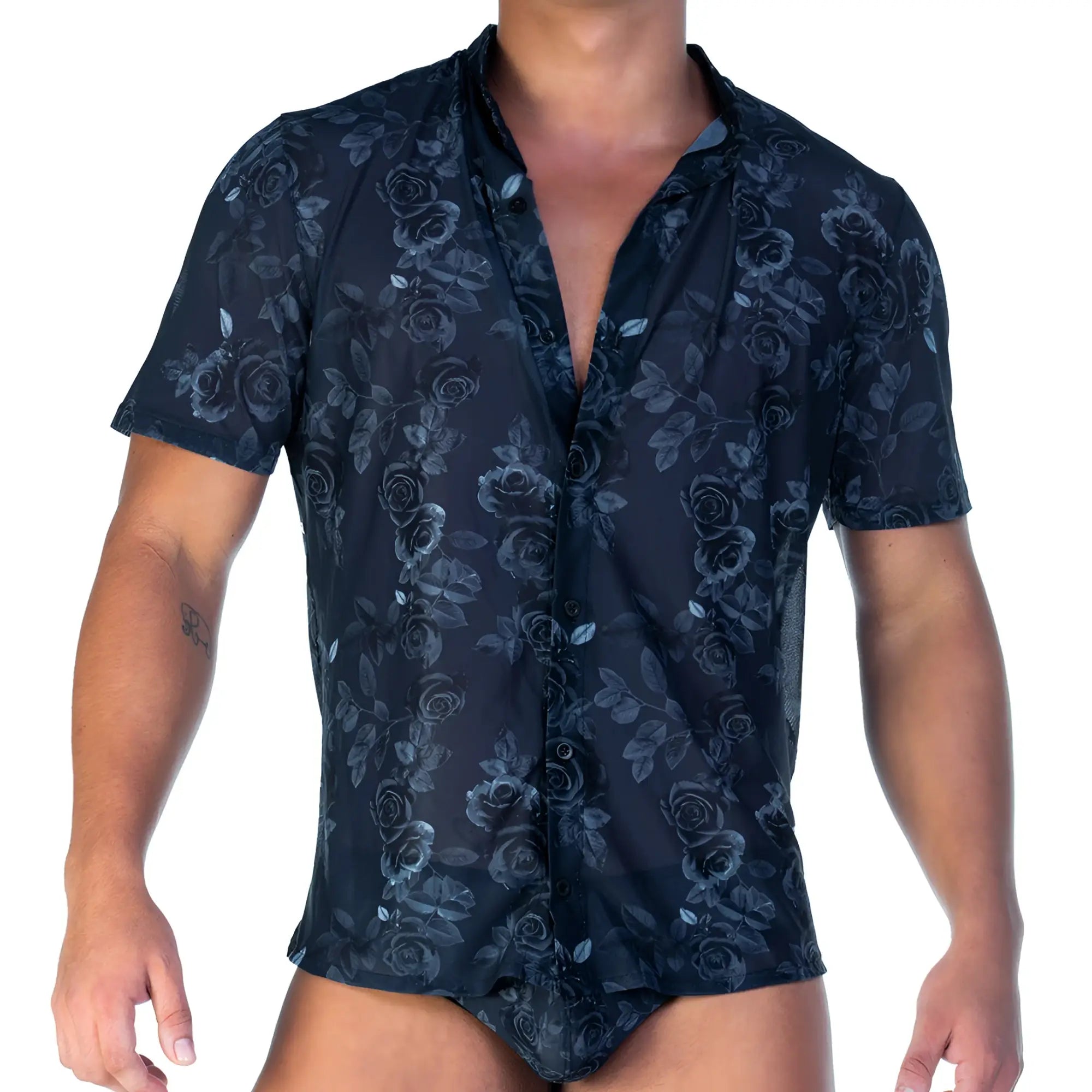 Dark blue short-sleeved button-up shirt with subtle rose and leaf pattern in the gigo rose black shirt style