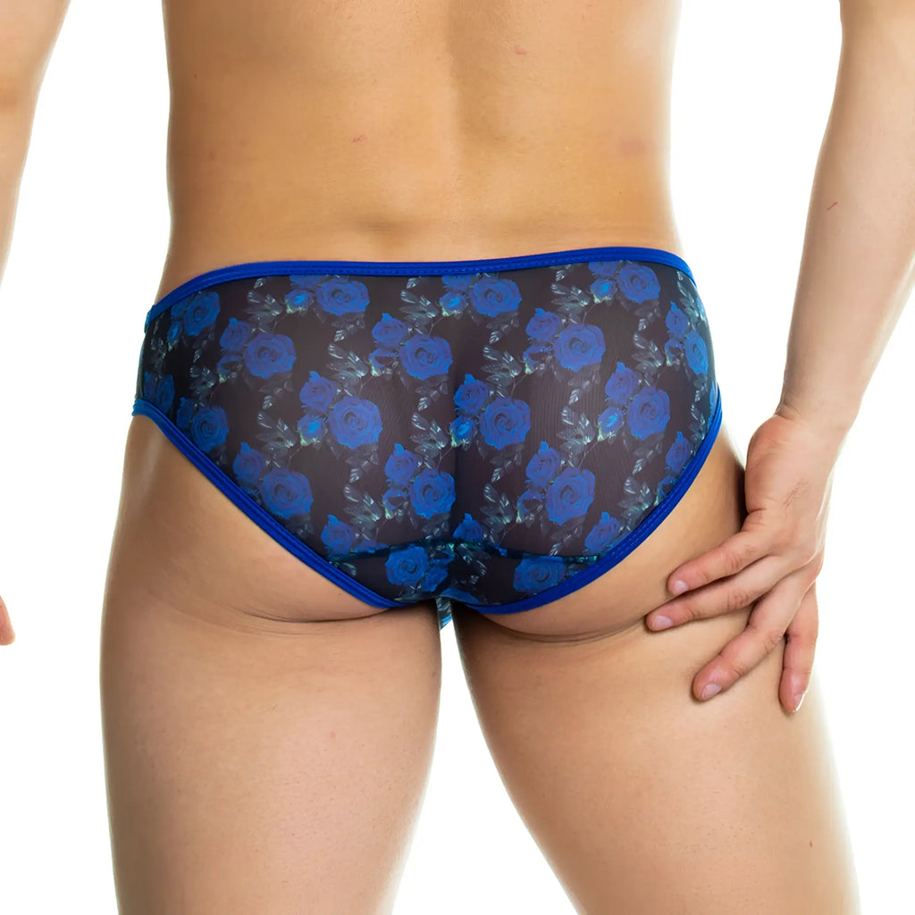 Gigo rose blue brief blue floral-patterned sheer men’s briefs with solid blue waistband front view