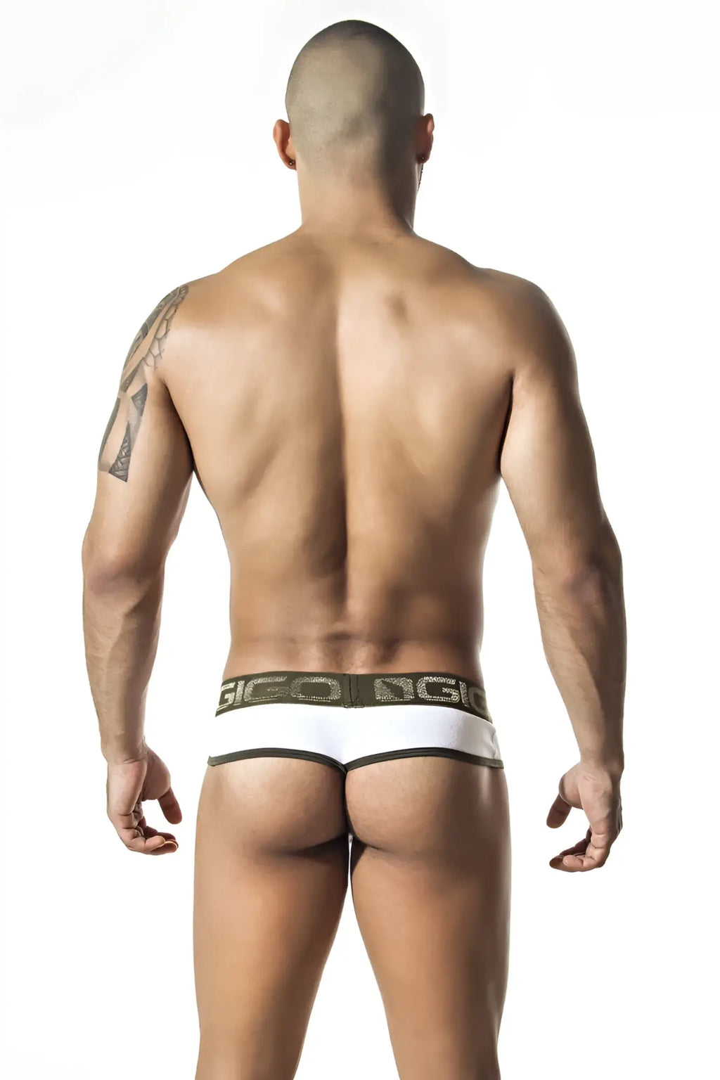 White gio brand briefs with dark green elastic waistband featuring the gio logo in white lettering size M Gigo ROYALTY WHITE Brief G String Underwear