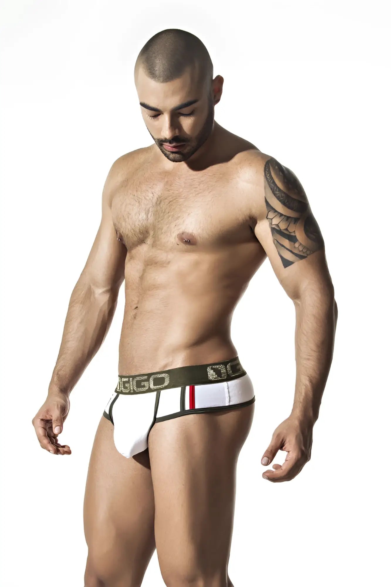 White men’s briefs with black and red trim and bold giggo logo on waistband gigo royalty white brief g string size m