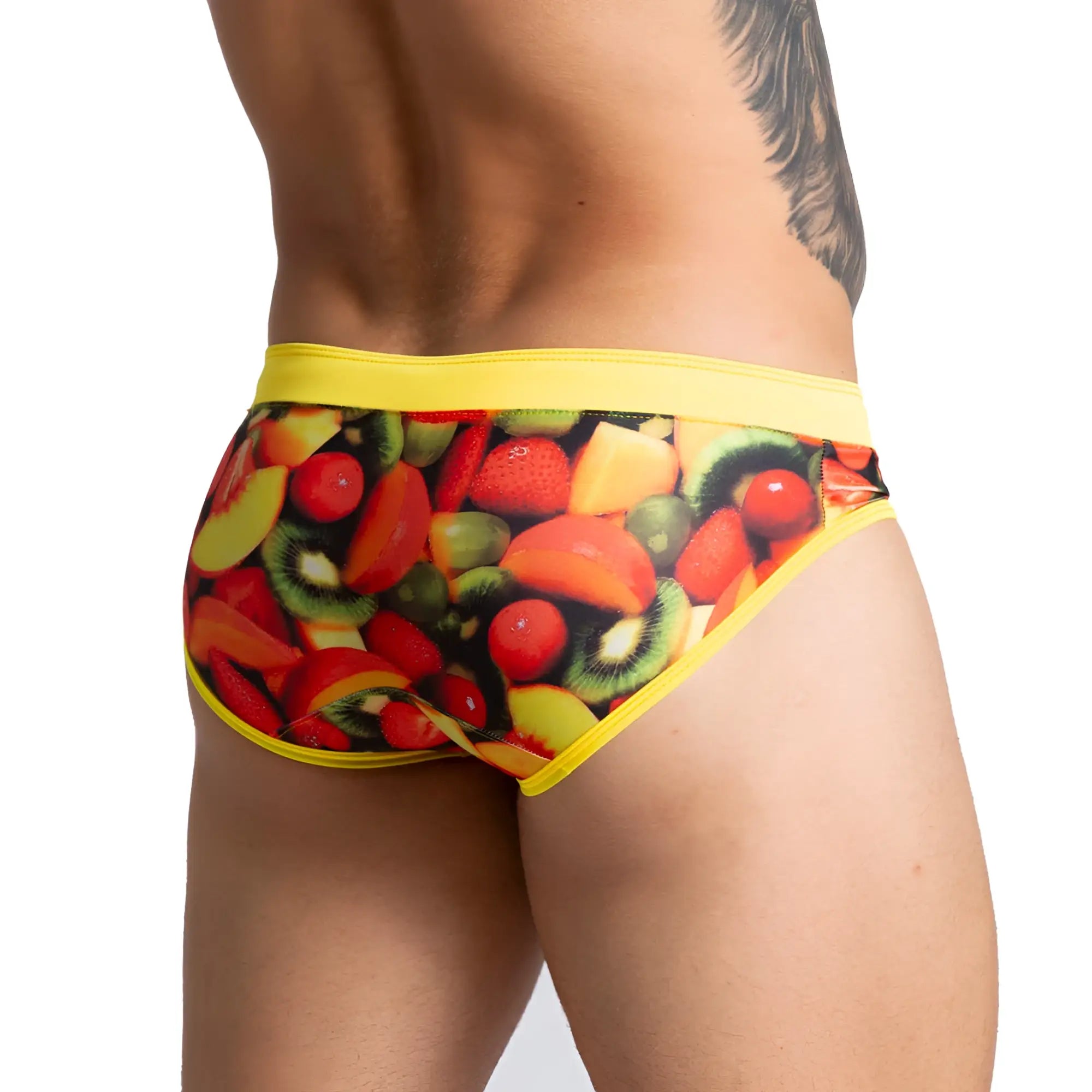 Gigo Salad swim brief men’s briefs with bright yellow trim and colorful sliced fruit print for swimwear use