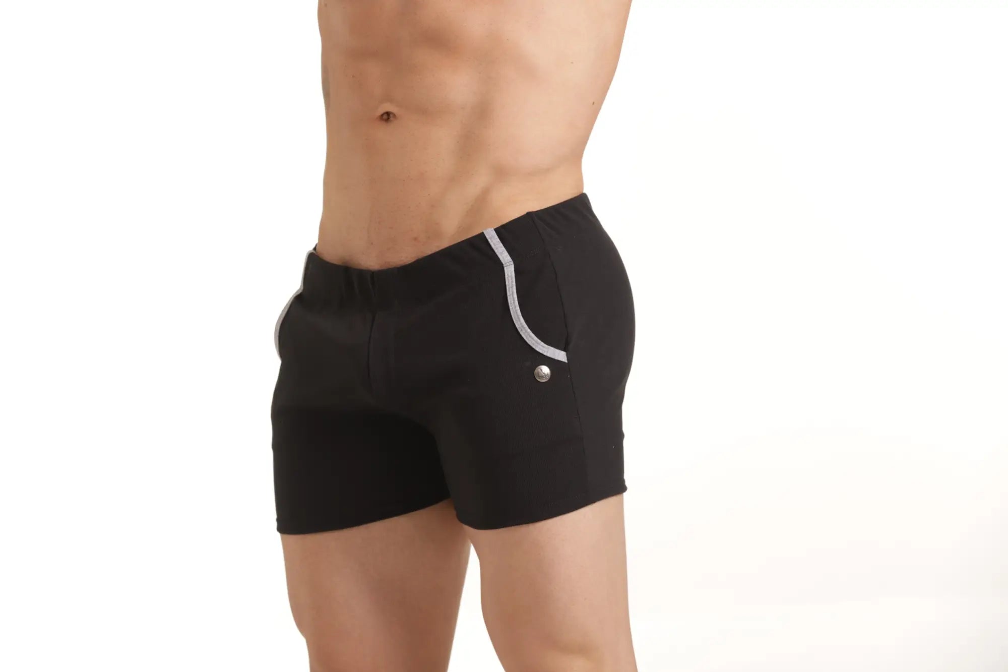Gigo Scanaling black athletic shorts with silver trim and metallic button detail perfect for active wear
