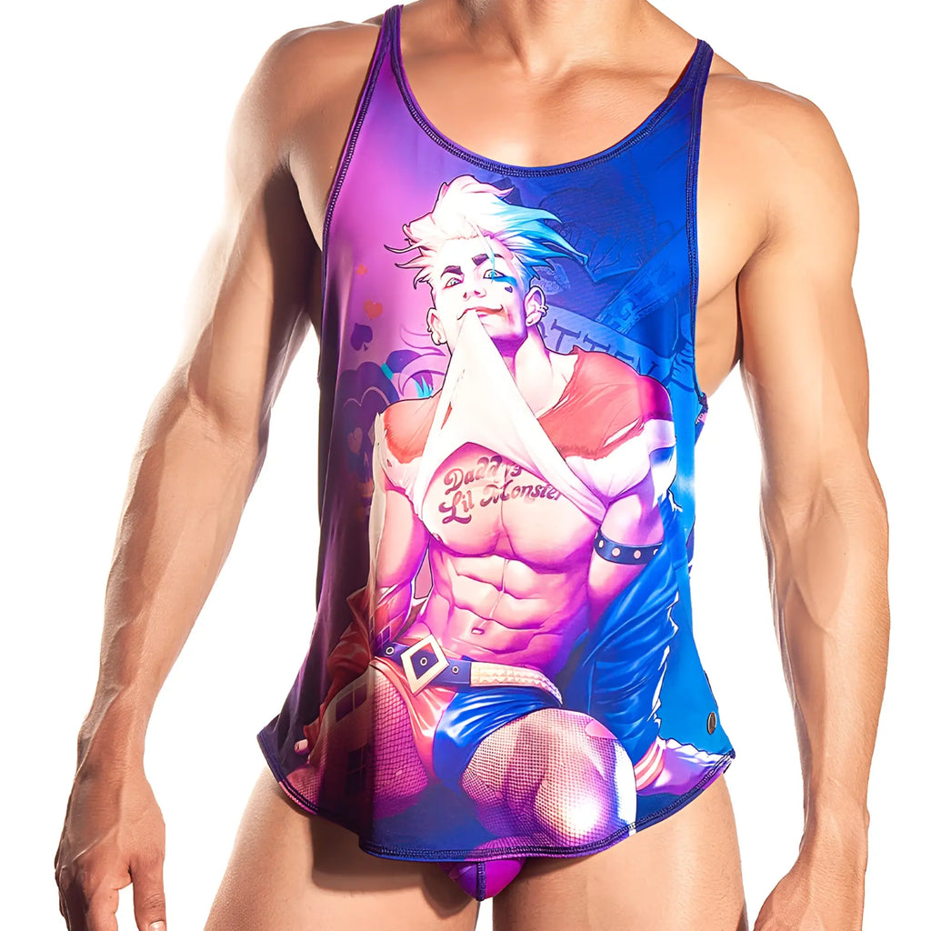 Gigo sexy men tank with vibrant purple and blue graphic featuring muscular cartoon with white hair and daddy’s little monster text