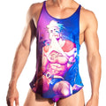 Gigo sexy men tank with vibrant purple and blue graphic featuring muscular cartoon with white hair and daddy’s little monster text