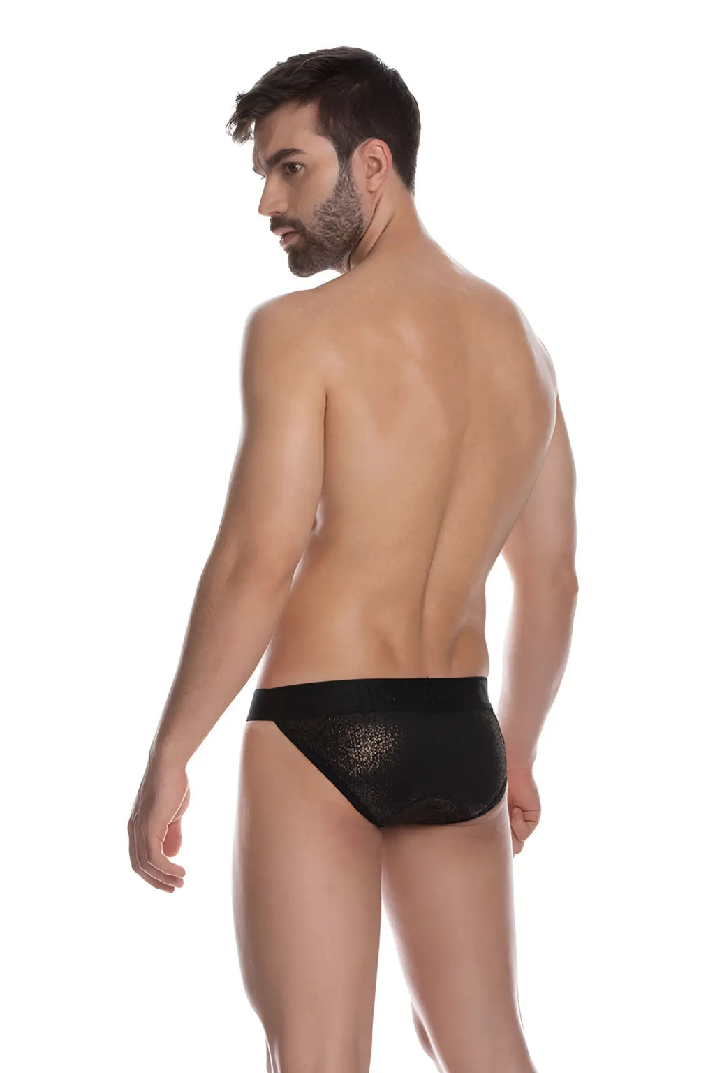 Black lace briefs with subtle shimmering texture gigo sheer black bikini underwear size xl shown from the front