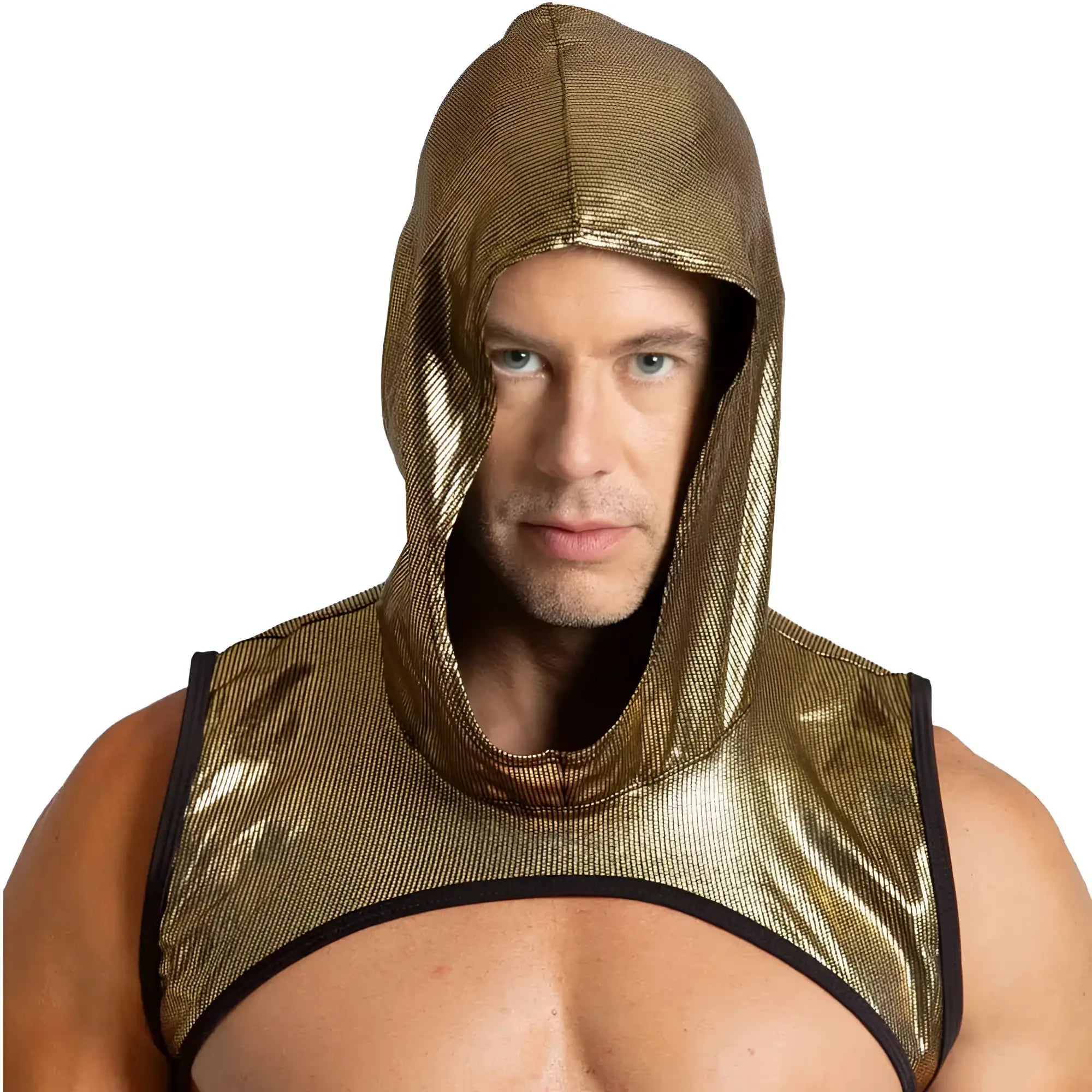 Shiny gold metallic hooded top with black trim from gigo shinese harness collection shown from the back side