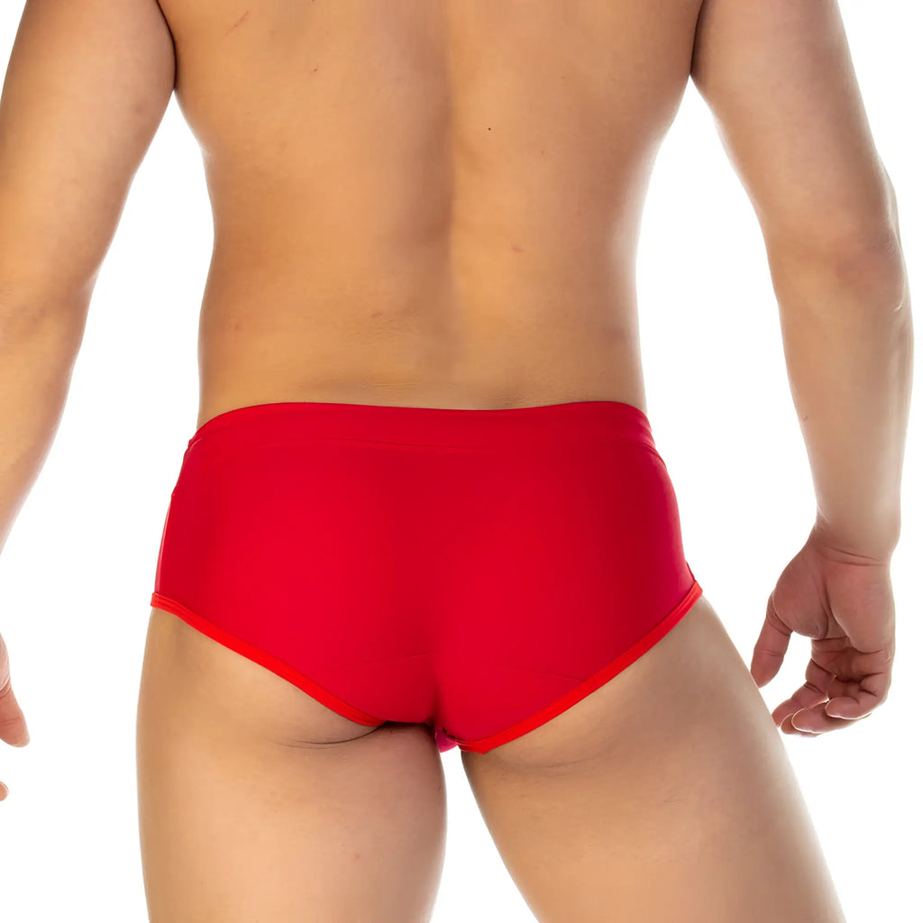 Gigo Soccer red swim brief with smooth stretchy fabric in a form-fitting design for swimming and sports use