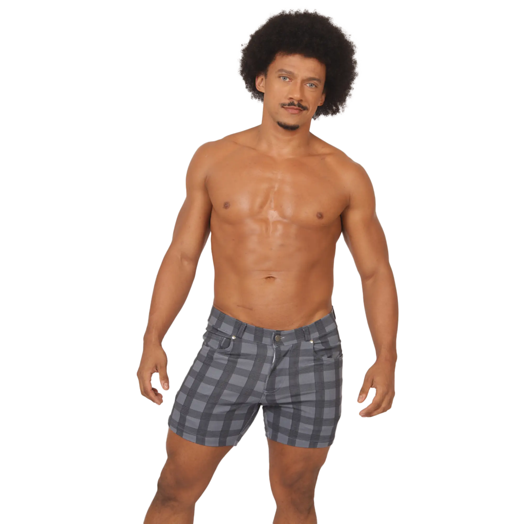 Gray and black plaid denim shorts with classic five-pocket design from gigo social blue square short collection
