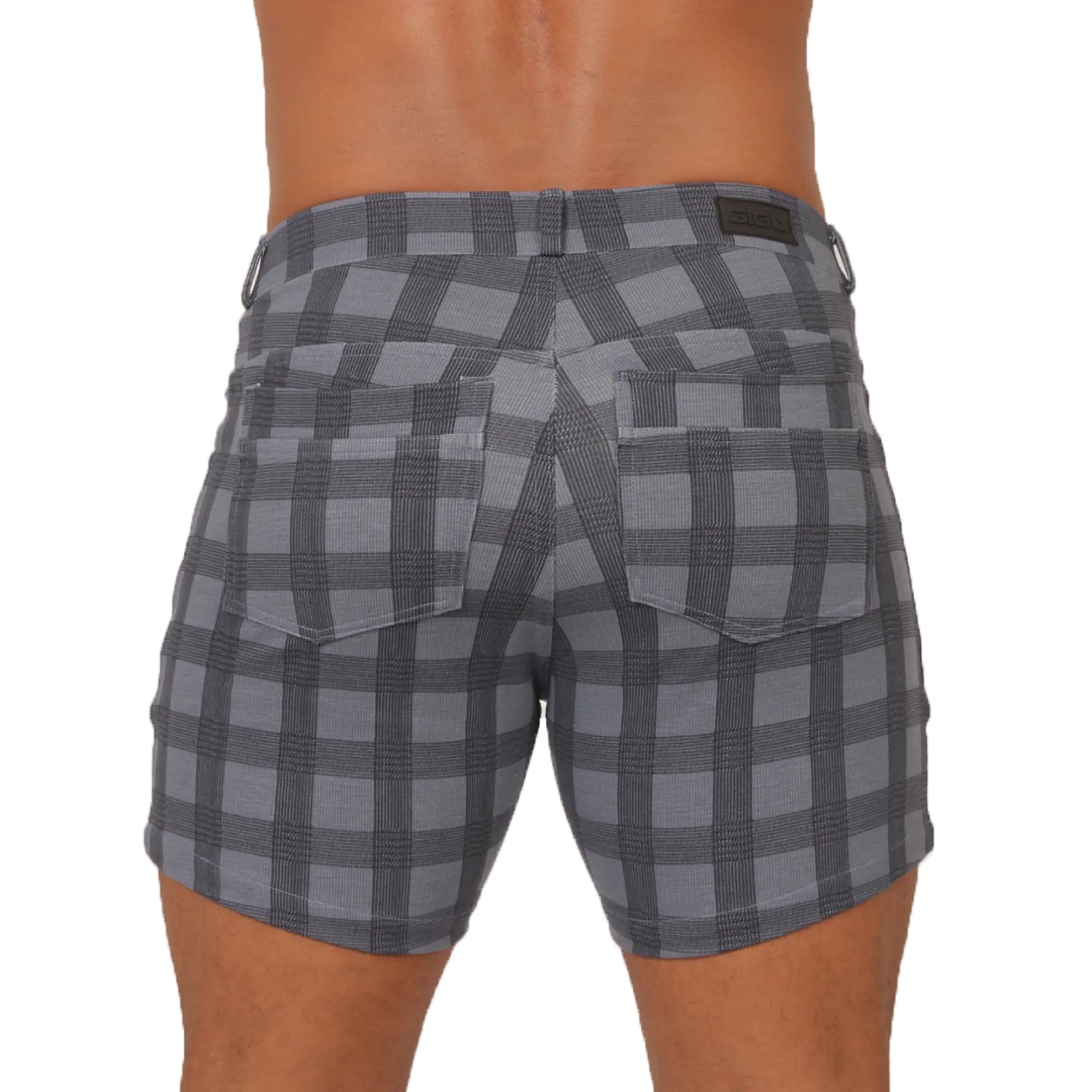 Gray and black plaid gigo social blue square shorts with subtle textured weave for casual wear