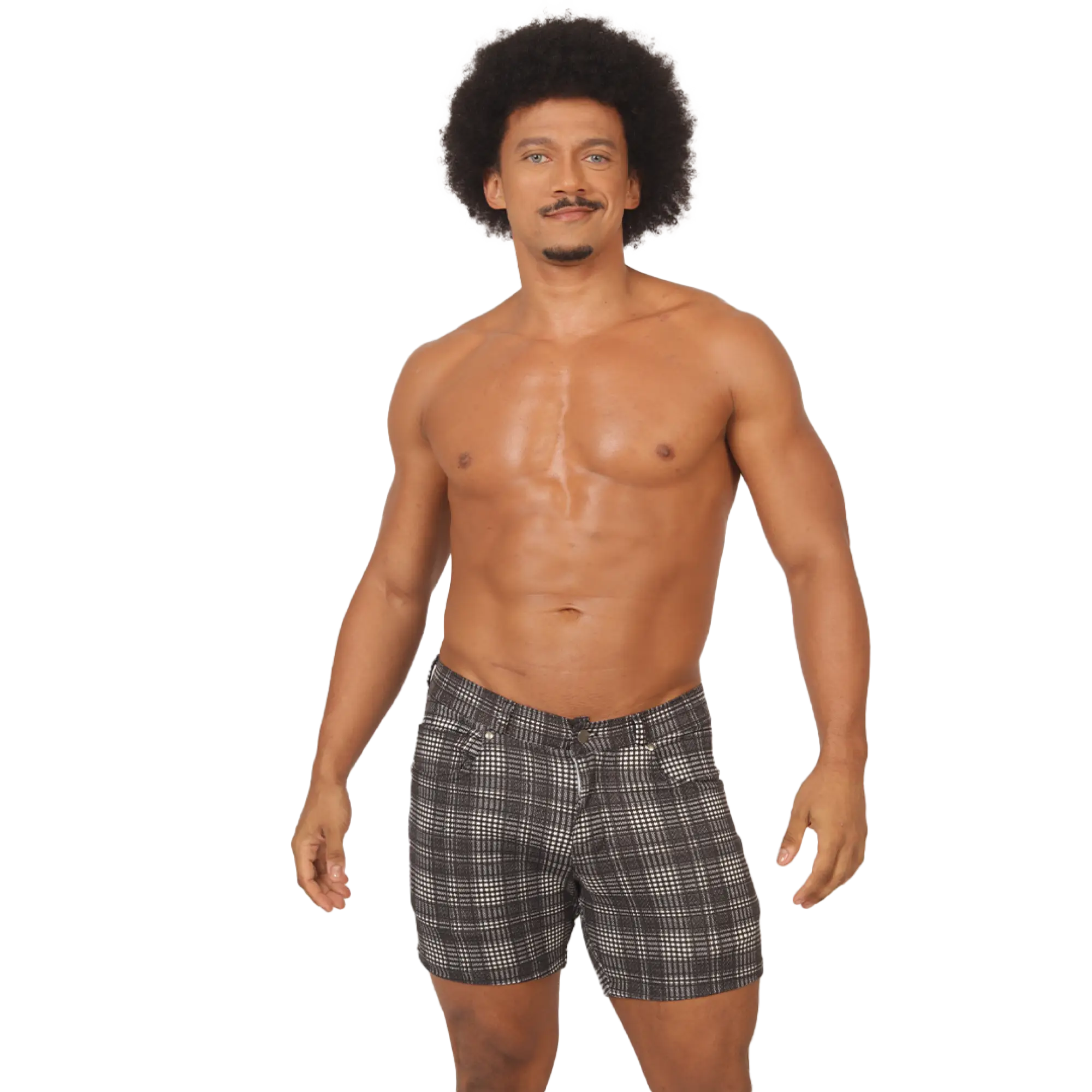 Black and white checkered gigo social gray square short men’s plaid cotton shorts front view
