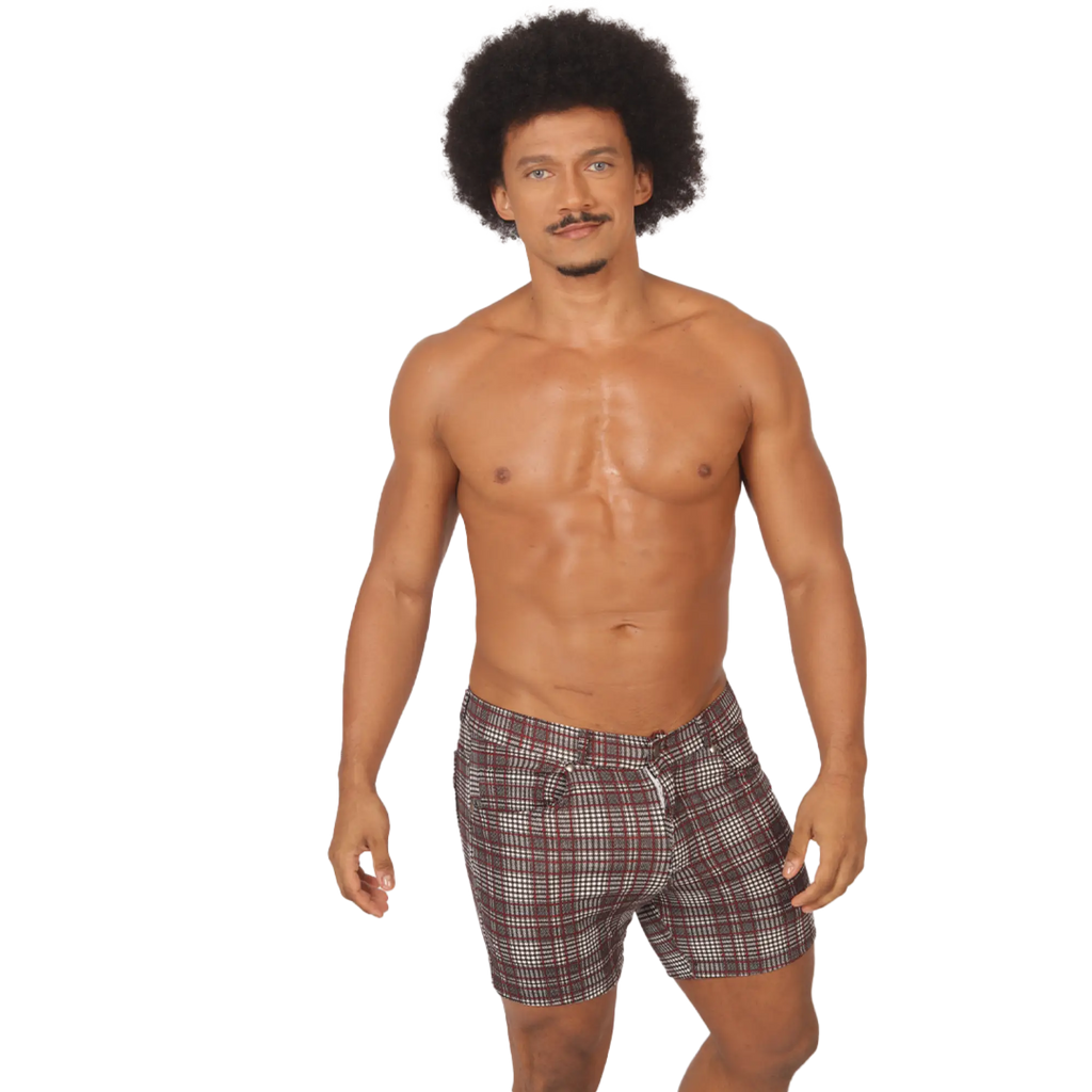 Men’s gigo social red short plaid swim trunks in brown white and black for casual beachwear