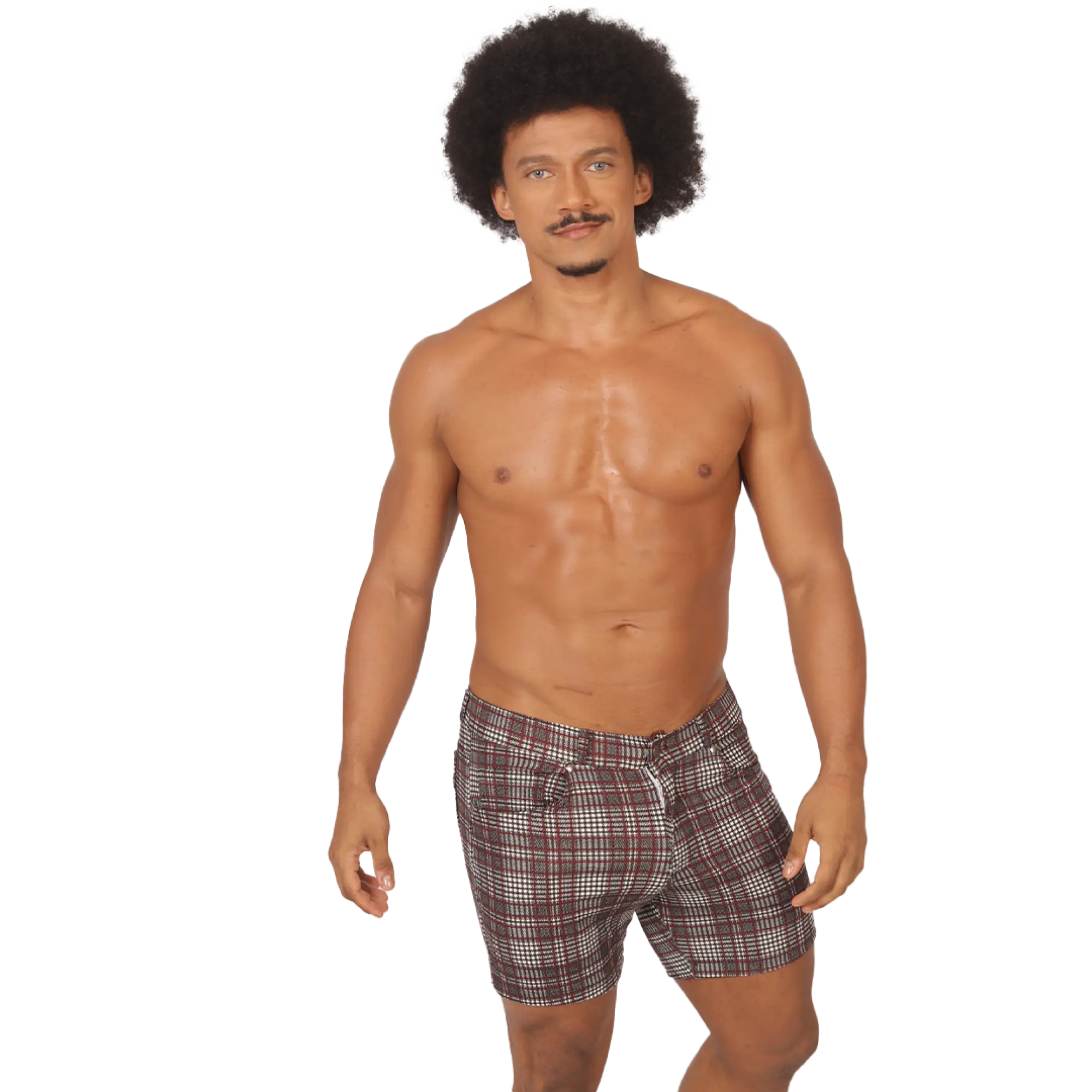 Men’s gigo social red short plaid swim trunks in brown white and black for casual beachwear