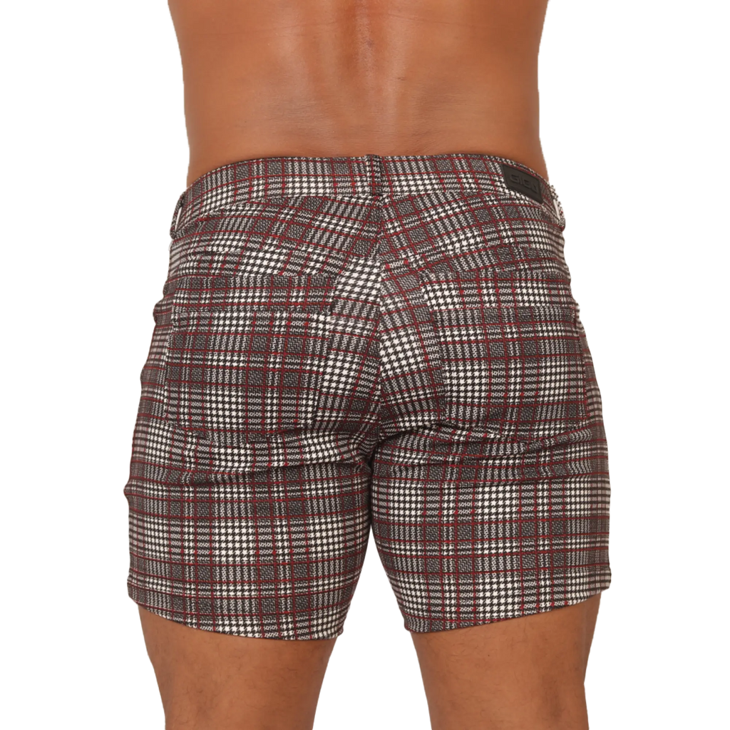 Gigo Social Red Short plaid-patterned men’s shorts in maroon white and dark gray perfect for casual wear