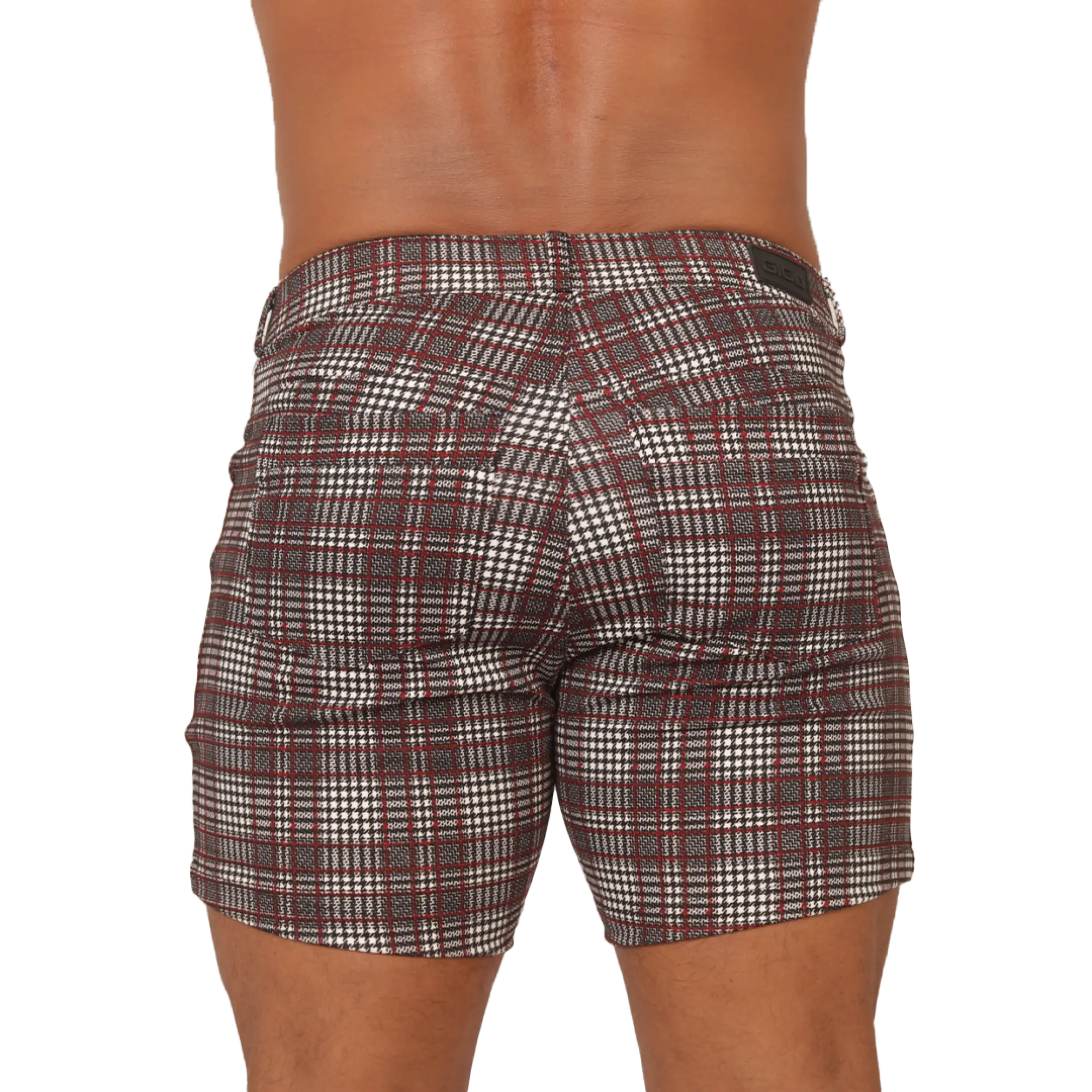 Gigo Social Red Short plaid-patterned men’s shorts in maroon white and dark gray perfect for casual wear