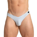 Light blue ribbed men’s briefs with a soft fabric and black rectangular gigo brand tag on the waistband