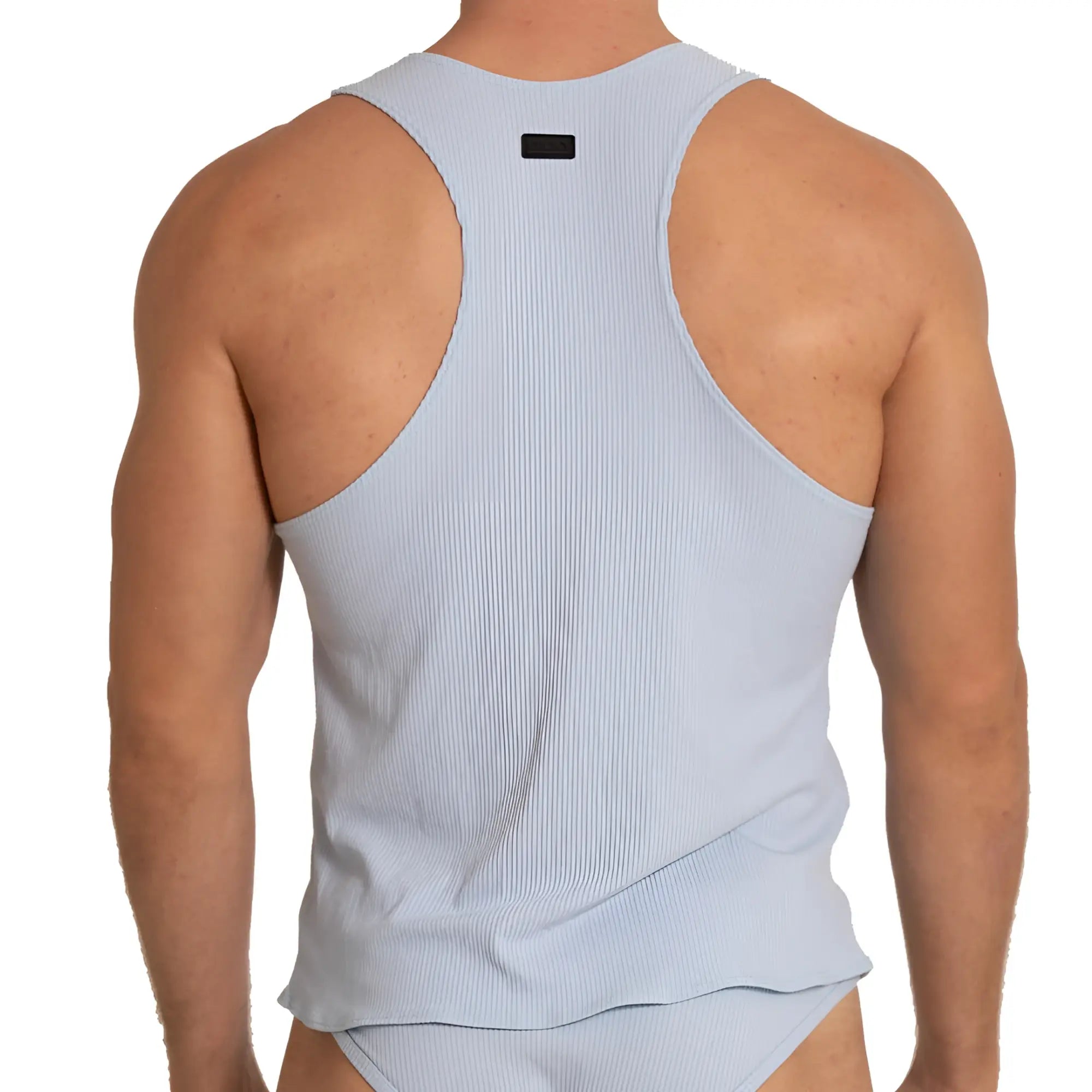 Light blue ribbed Gigo soft tank top showing the back with a black rectangular tag at the neck