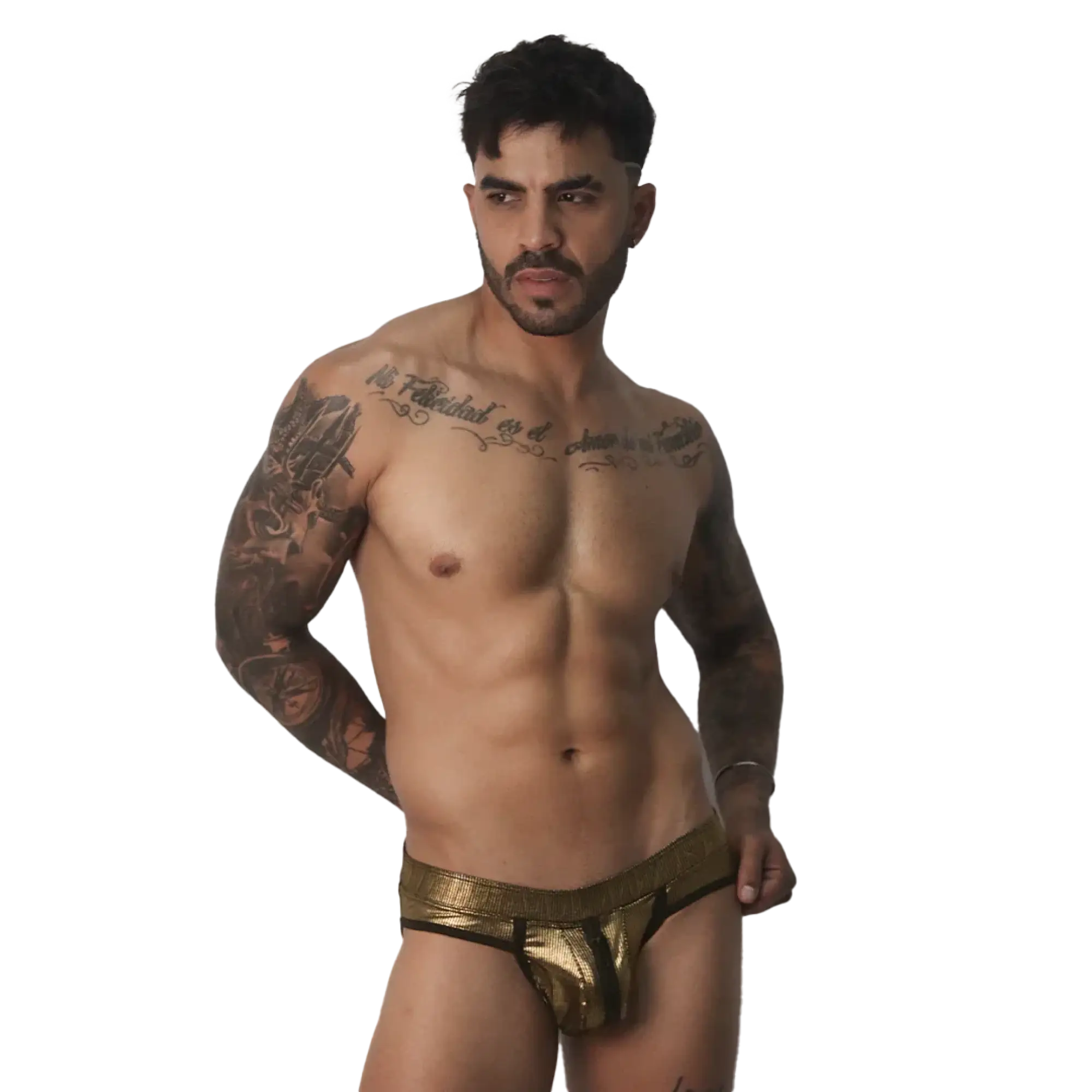Metallic gold jockstrap with a contoured pouch, dark trim, and a wide, textured elastic waistband.