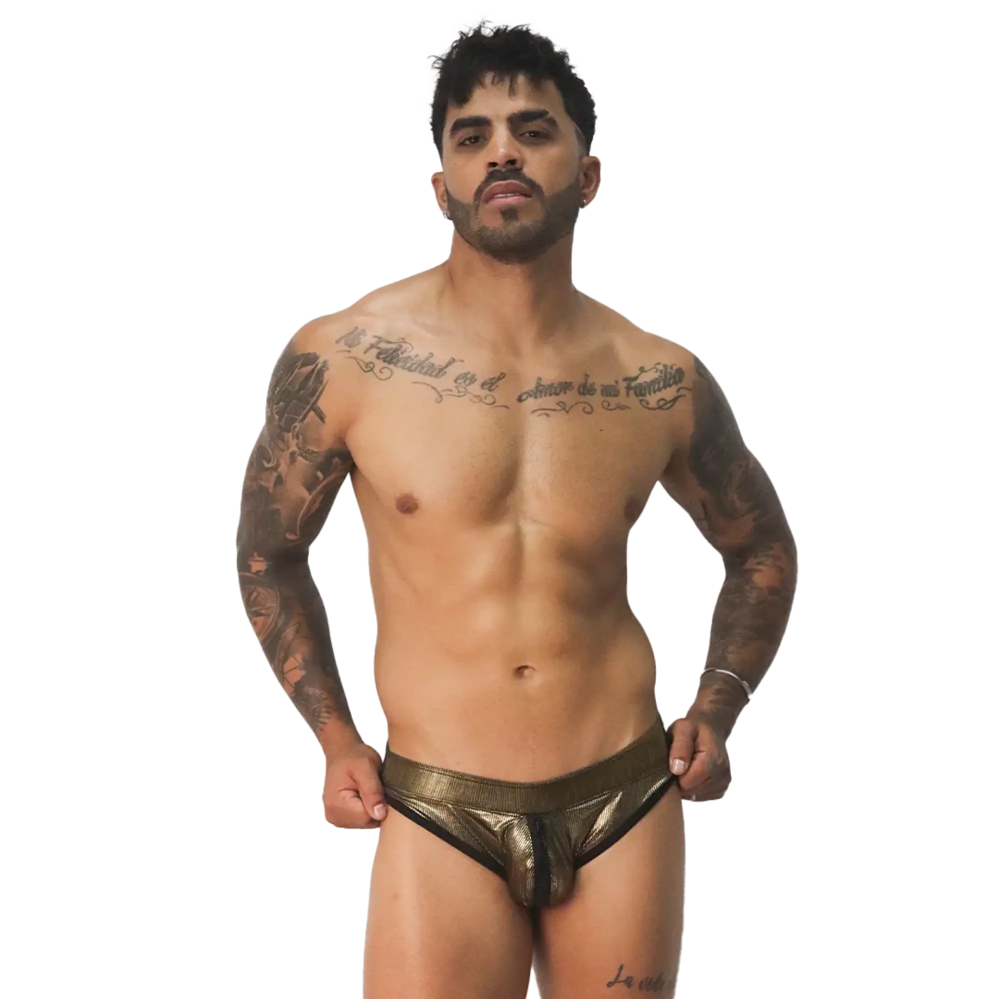 Metallic gold Gigo Splendor brief with black trim and a center front zipper detail.