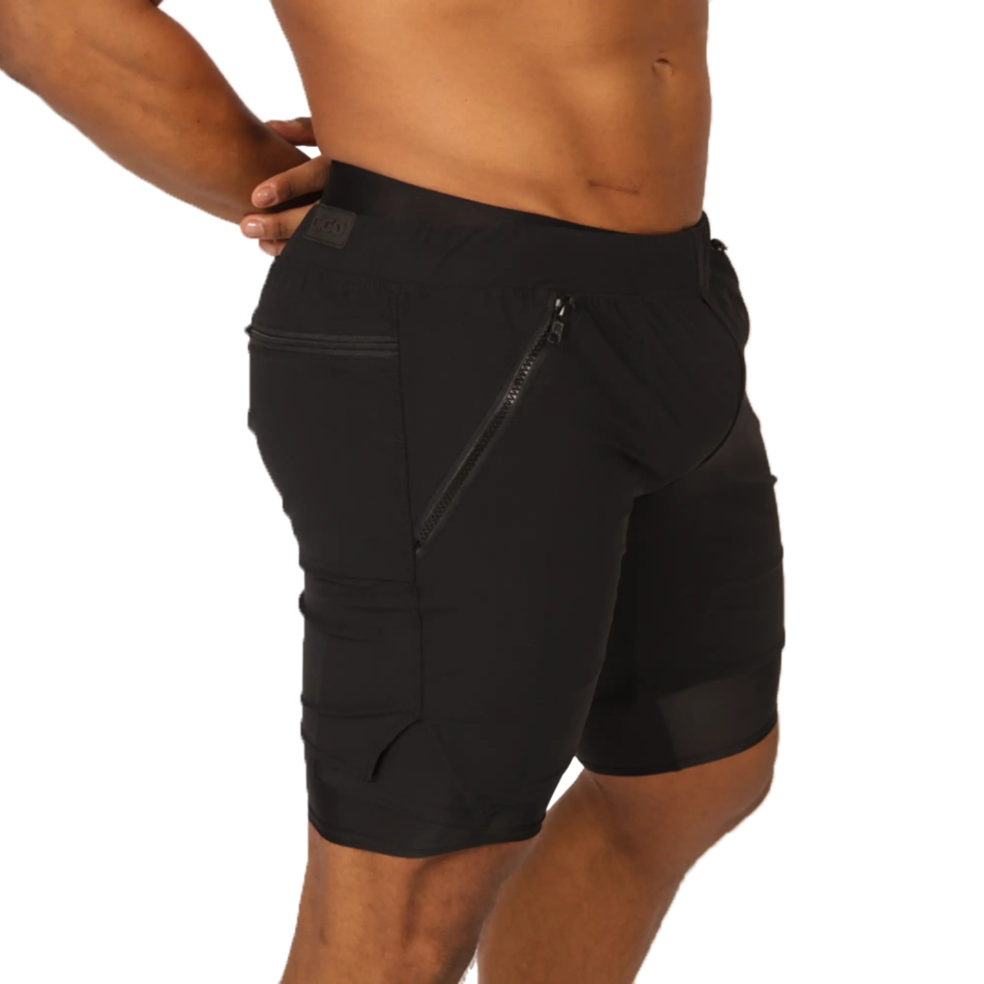 Gigo sporty black athletic shorts with sleek form-fitting design and multiple zippered pockets for secure storage