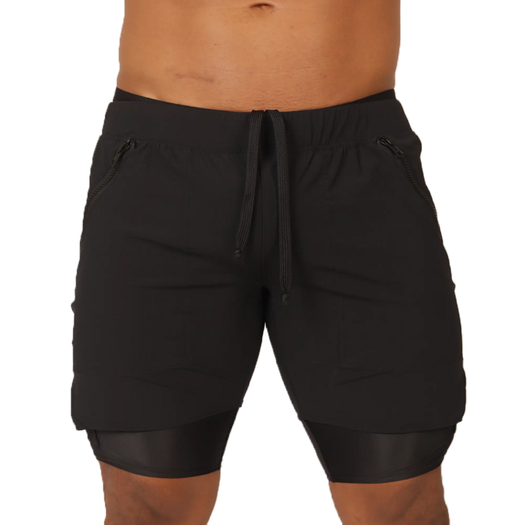 Gigo sporty black shorts with drawstring waistband zippered side pockets and layered hem design for athletic use