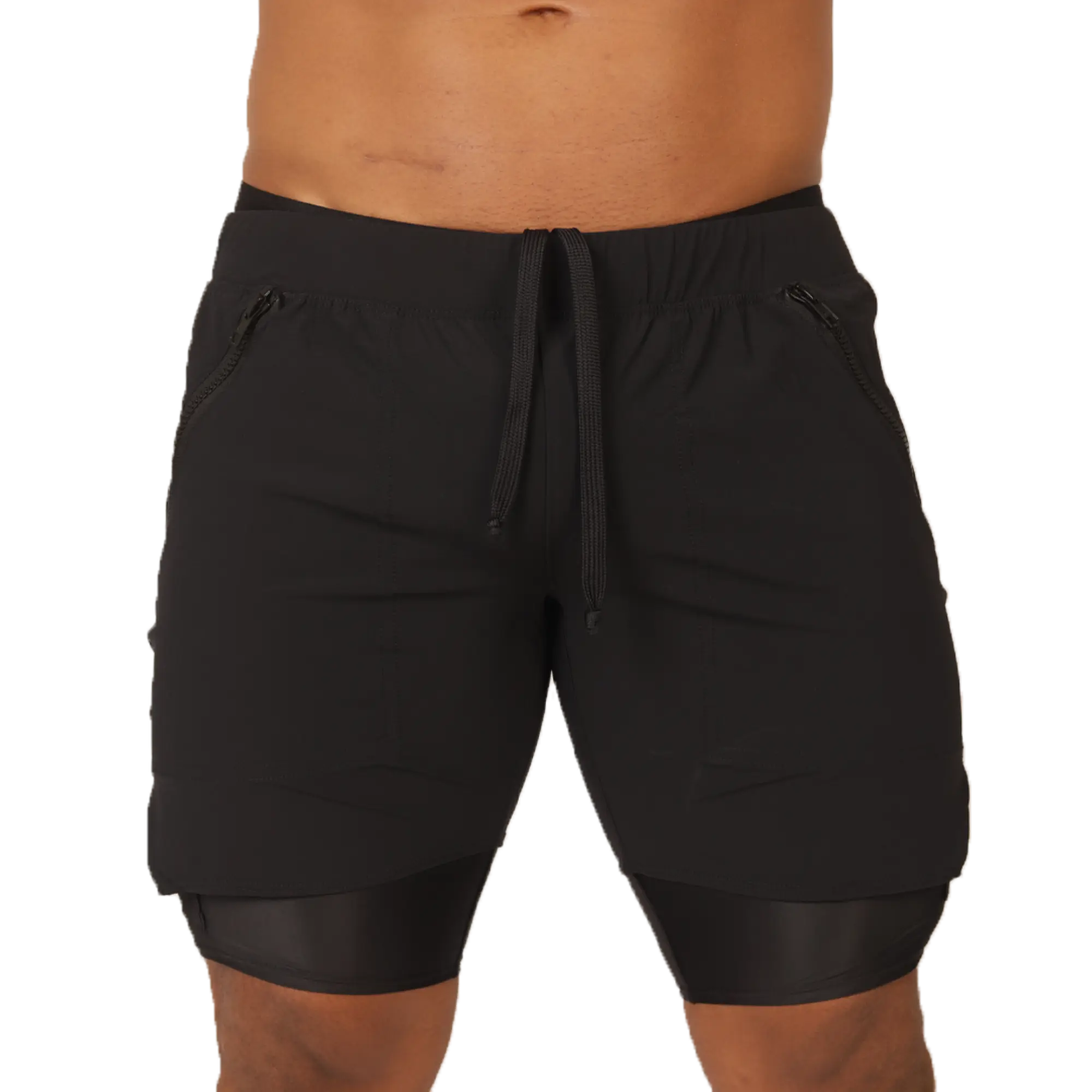 Gigo sporty black shorts with drawstring waistband zippered side pockets and layered hem design for athletic use