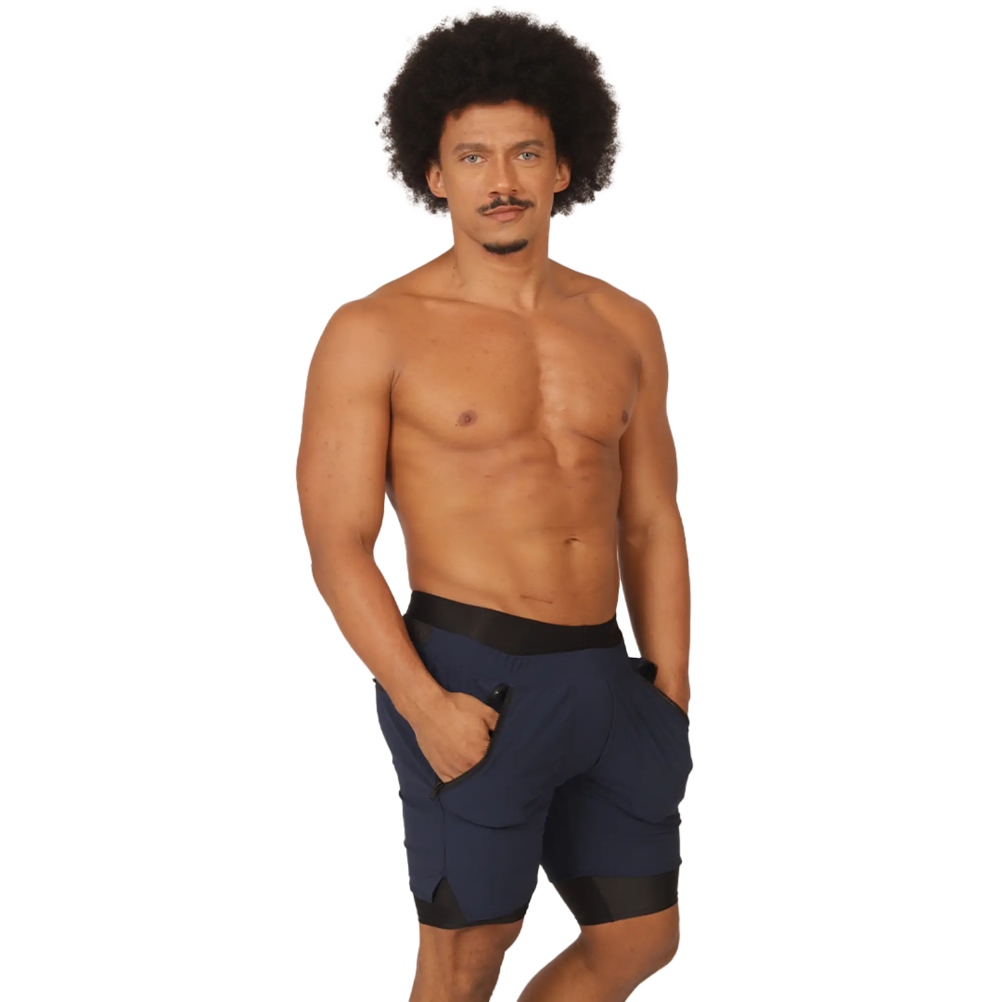 Navy blue Gigo sporty athletic shorts with black elastic waistband and hem trim designed for activewear use