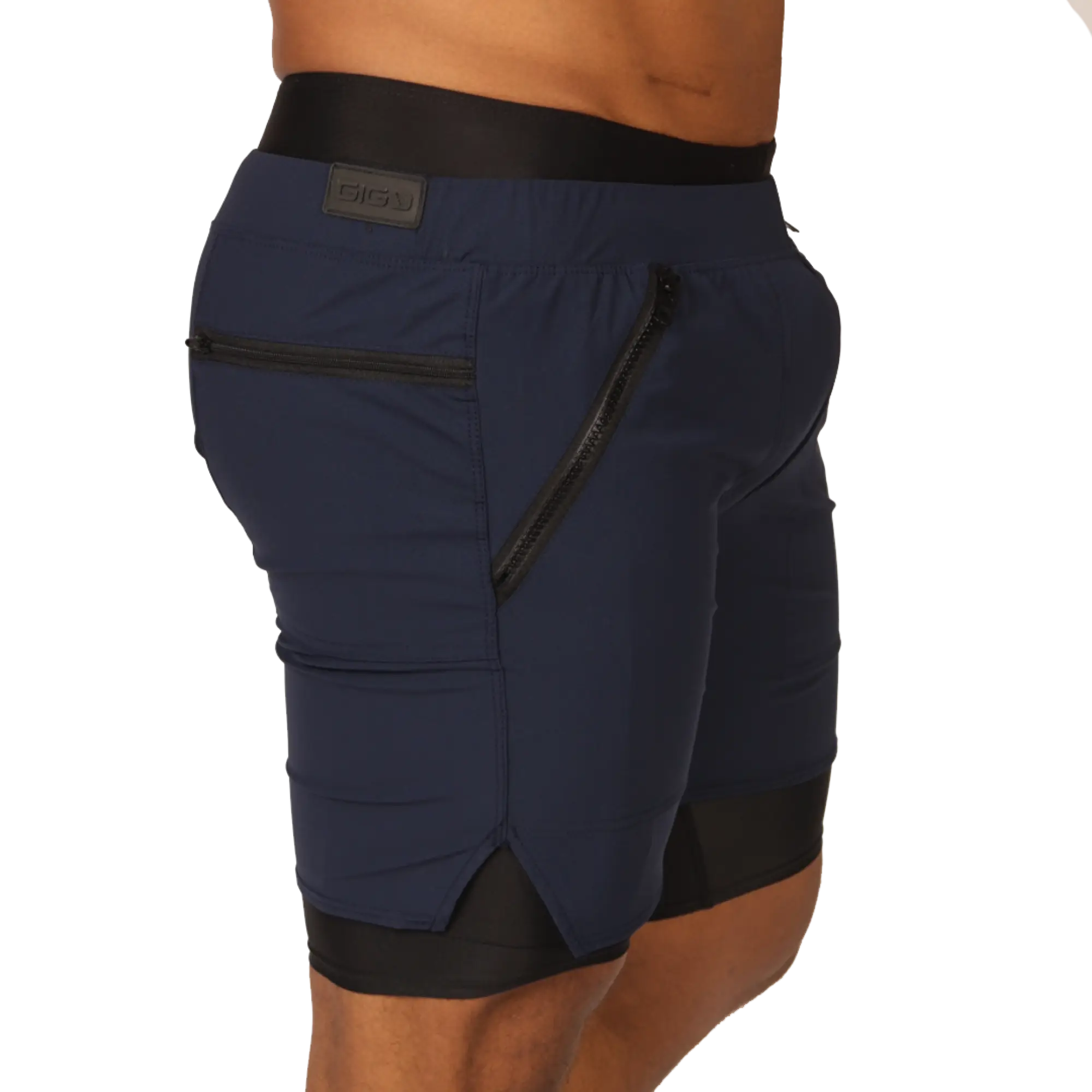 Gigo sporty blue short navy blue athletic shorts with black elastic waistband and side zipper pockets