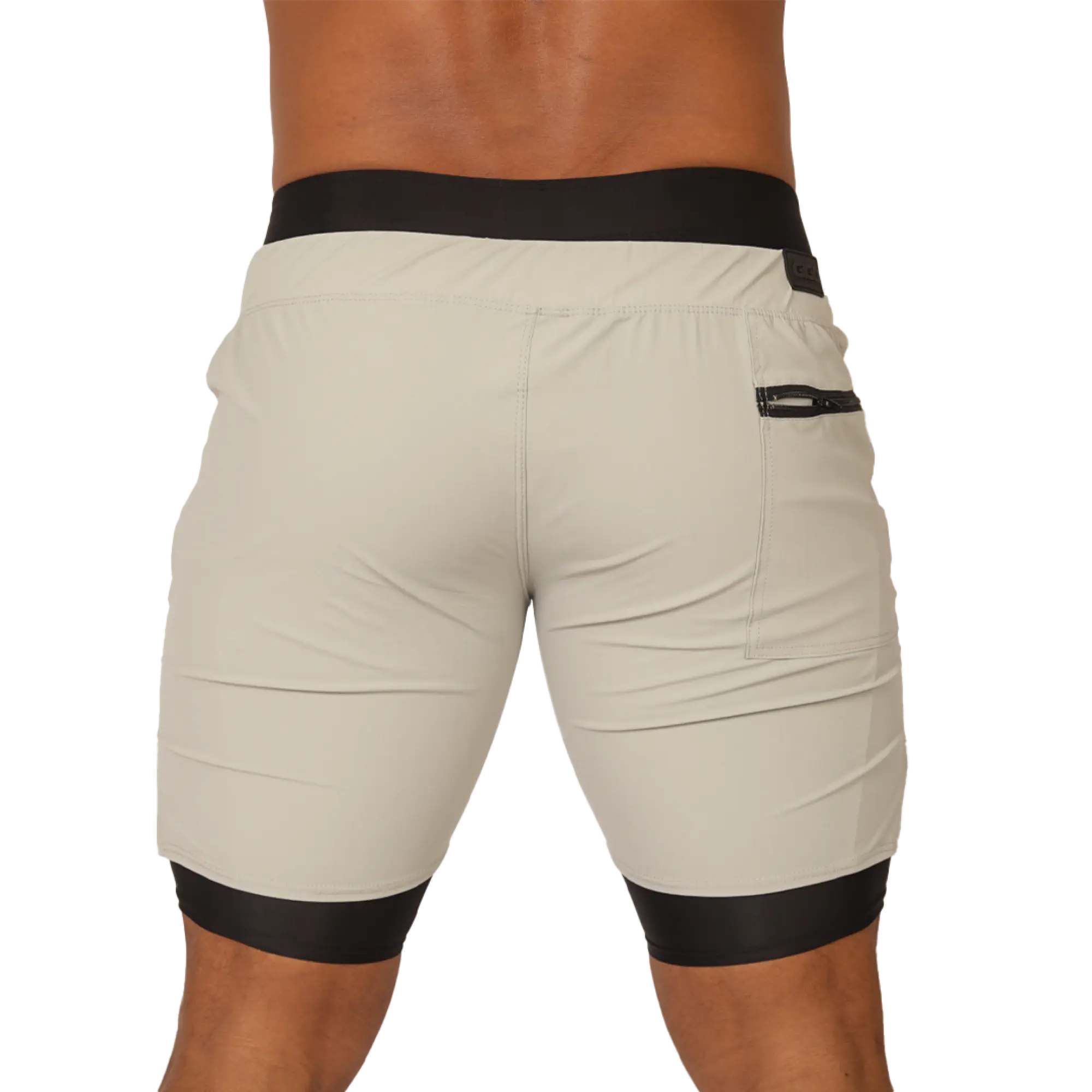 Beige gigo sporty gray short with black elastic waistband and leg cuffs featuring a side zip pocket for activewear