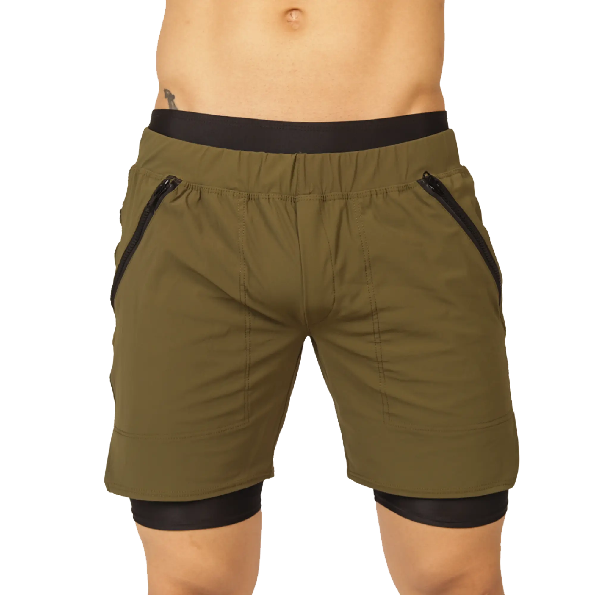 Gigo sporty green olive shorts with black elastic waistband and side zip pockets suitable for athletic use