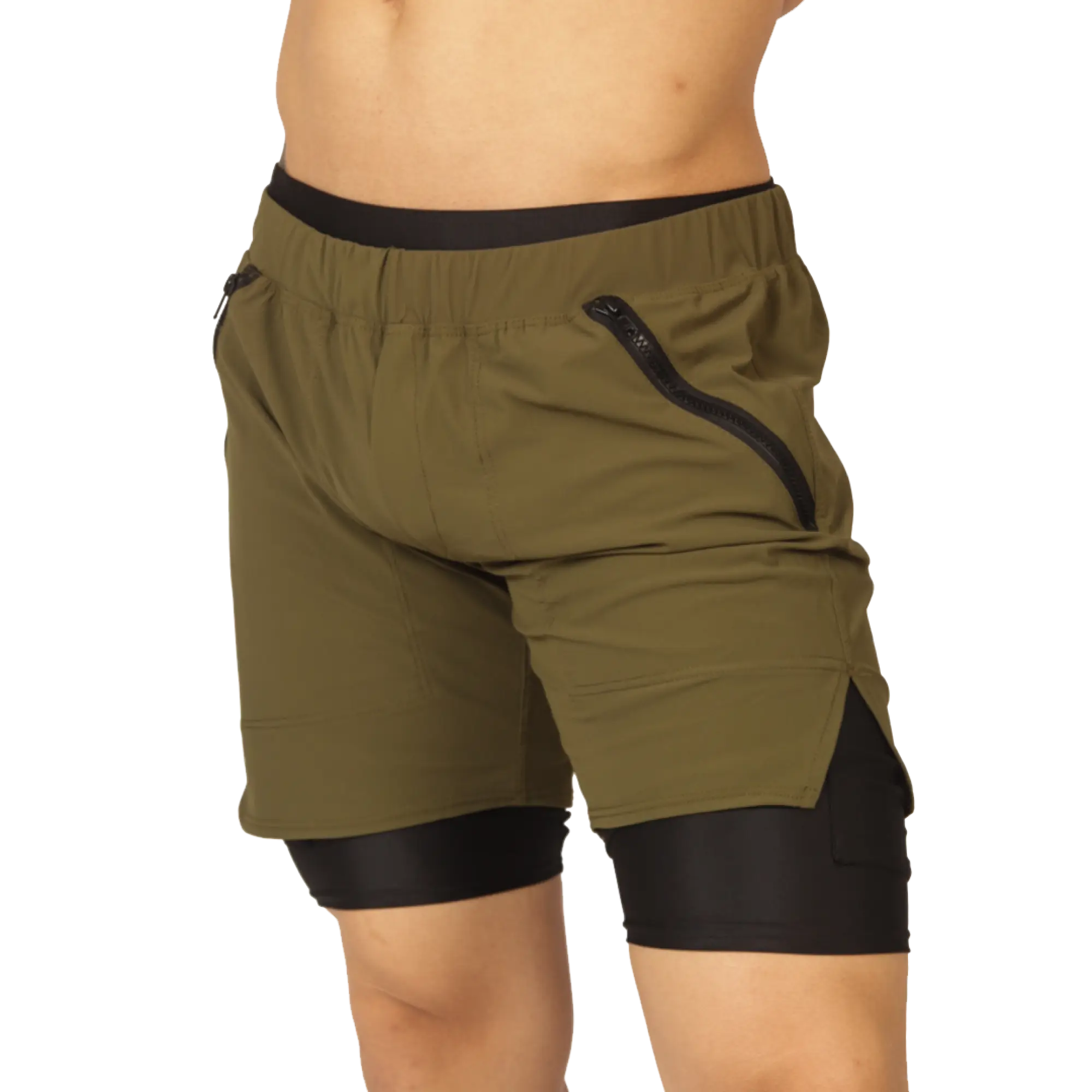 Gigo sporty green short olive green athletic shorts with black elastic waistband and zippered side pocket inner lining