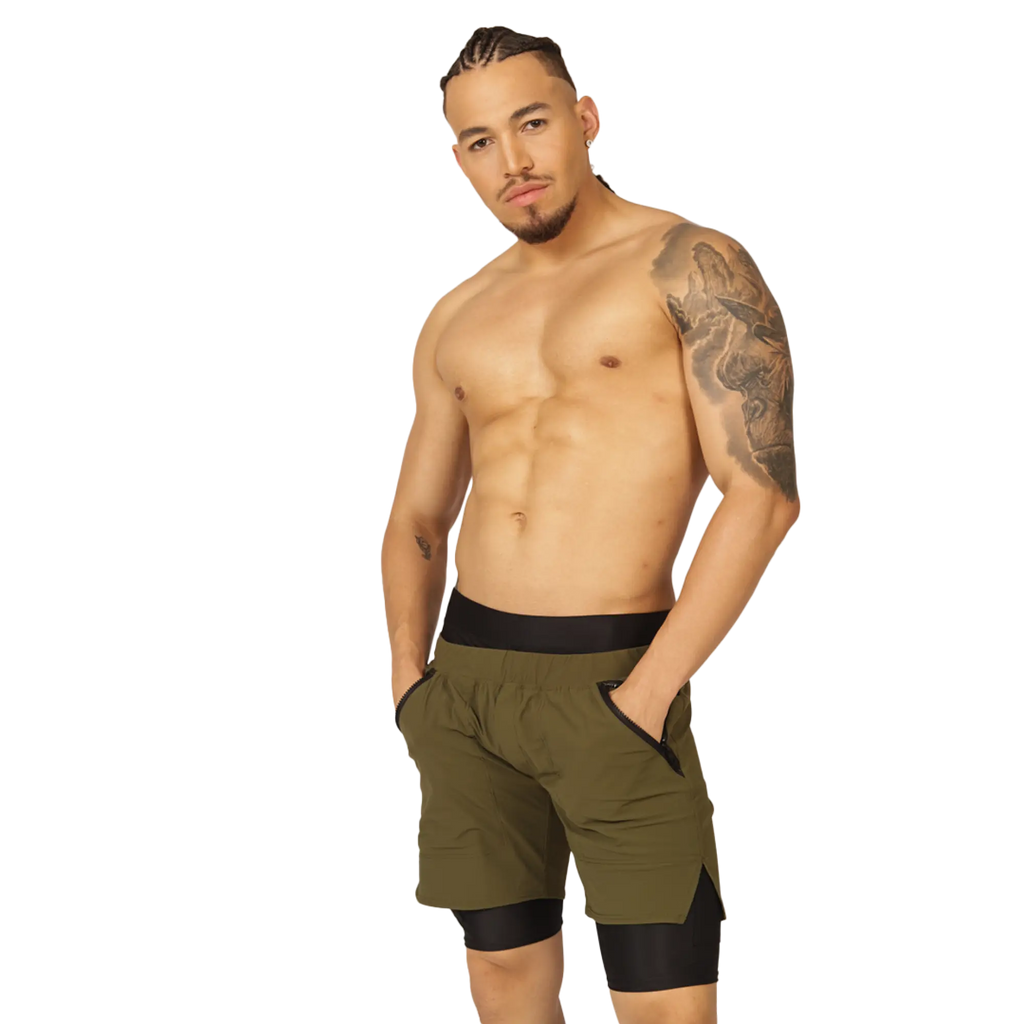 Olive green gigo sporty athletic shorts with black waistband and inner lining designed for active wear