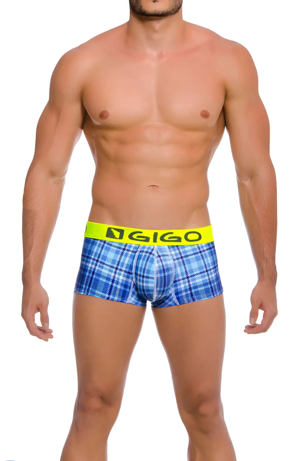 Gigo square short boxer underwear g02003 with blue plaid fabric and bright yellow waistband size large