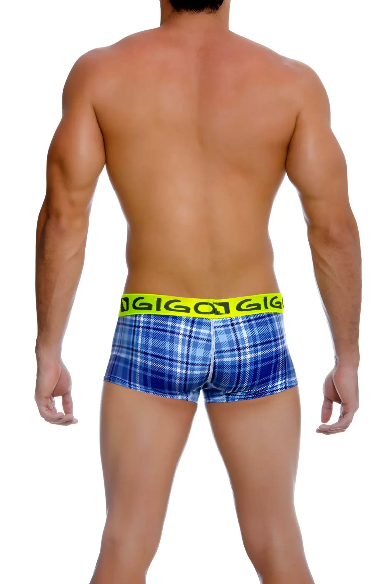 Blue plaid gigo square short boxer underwear size l with neon yellow elastic waistband and black gigo lettering