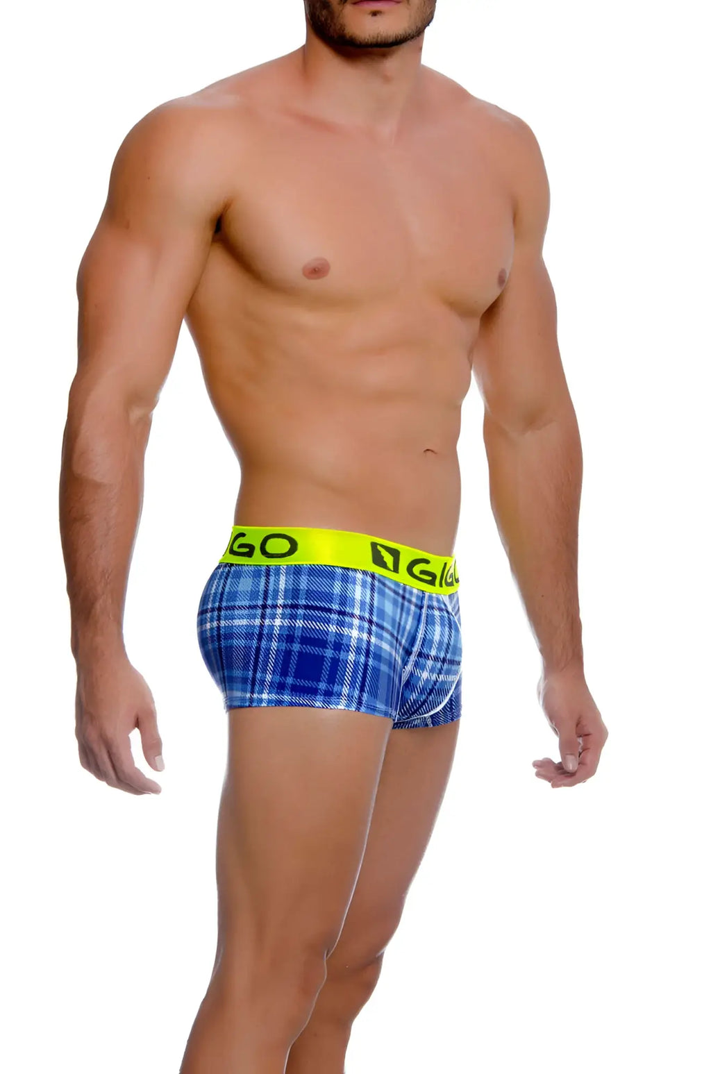 Blue plaid boxer briefs with neon yellow waistband featuring ngo logo from gigo square short boxer underwear size l