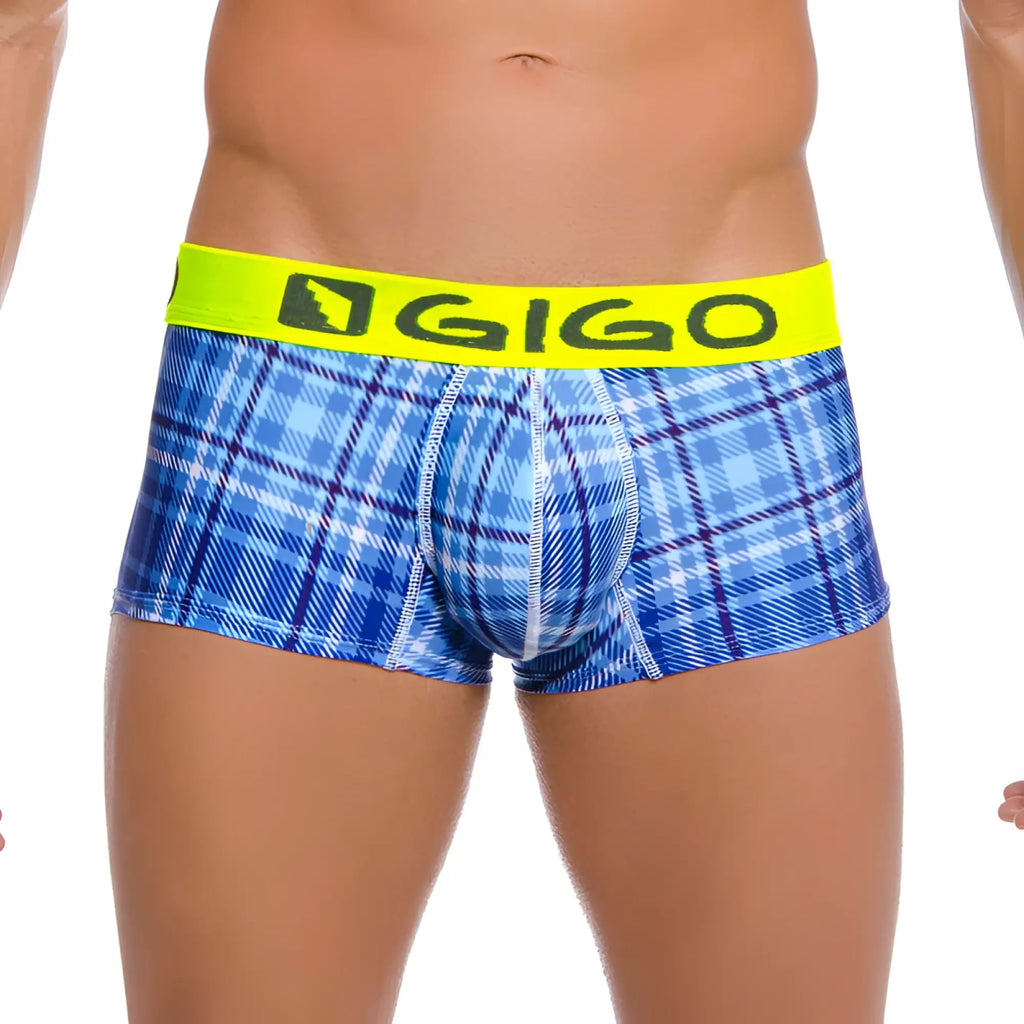 Blue plaid boxer briefs with bright yellow gigo waistband in size large from the gigo SQUARE short boxer underwear line