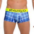 Blue plaid boxer briefs with bright yellow gigo waistband in size large from the gigo SQUARE short boxer underwear line