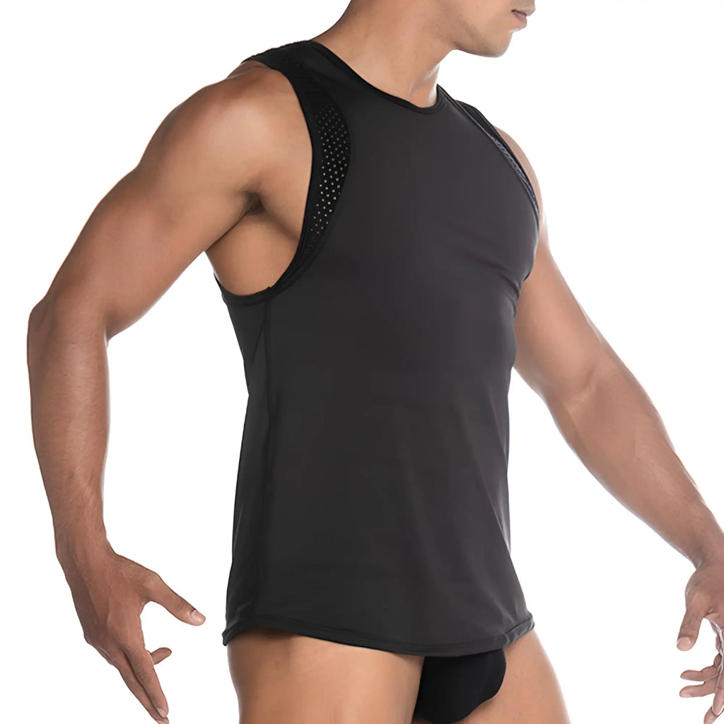 Black athletic tank top with mesh shoulder panels made of stretch fabric for performance wear gigo stretch black tank