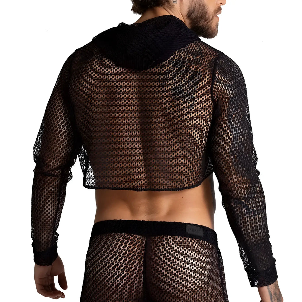 Black mesh hooded crop top gigo striking croop top with tight see-through pattern and breathable fabric