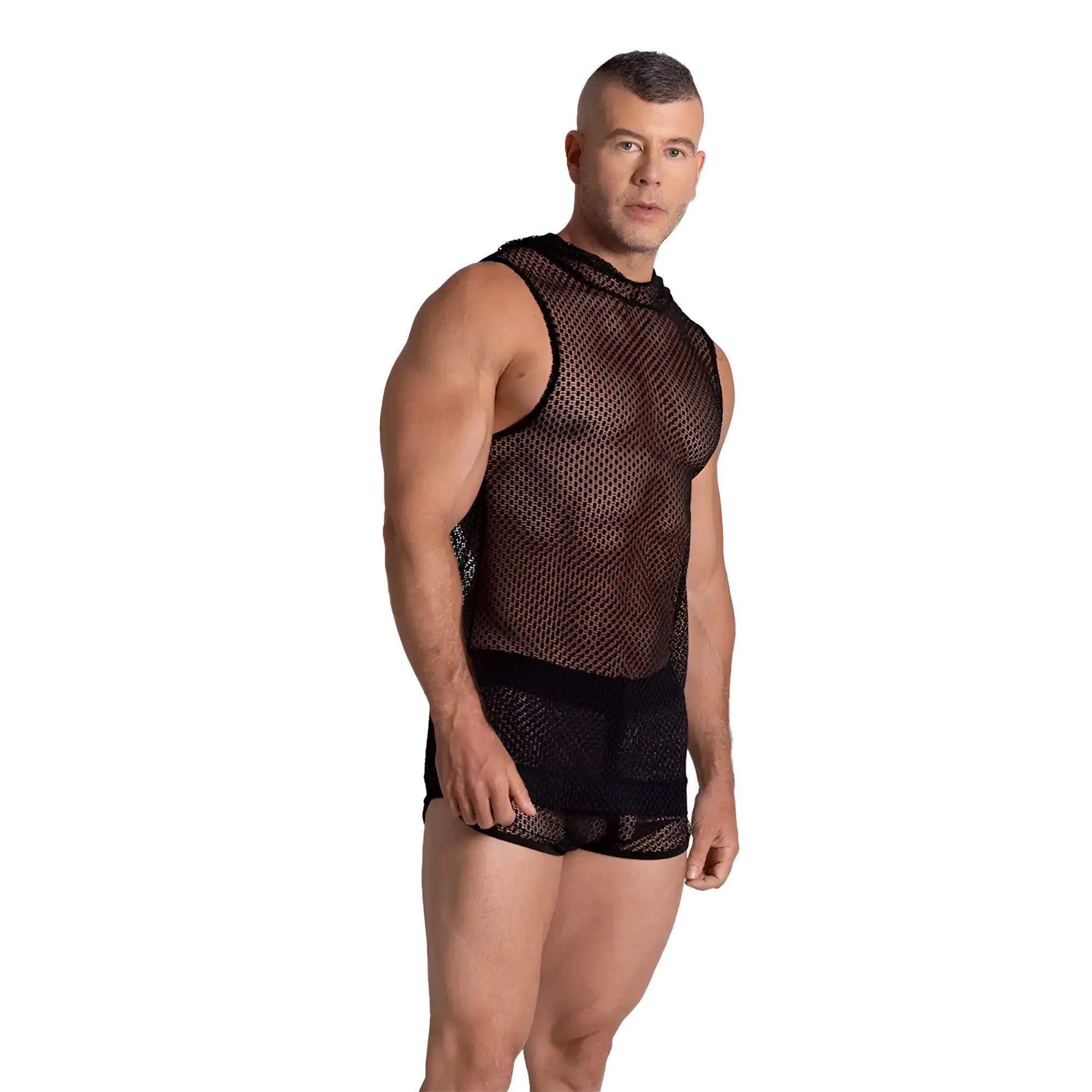 Black mesh sleeveless gigo striking hoody tshirt with high neckline and solid black trim along waistband