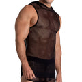 Black mesh sleeveless gigo striking hoody tshirt with high neckline and solid black trim along edges