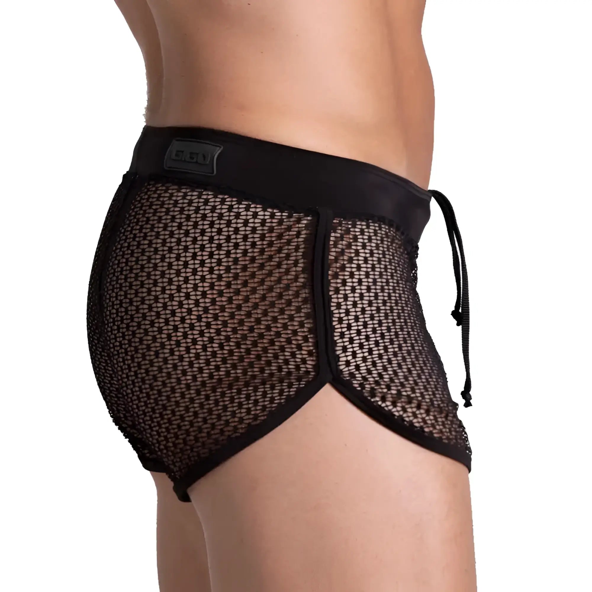 Black mesh gigo striking hotshort with solid black elastic waistband and drawstring for breathable comfort