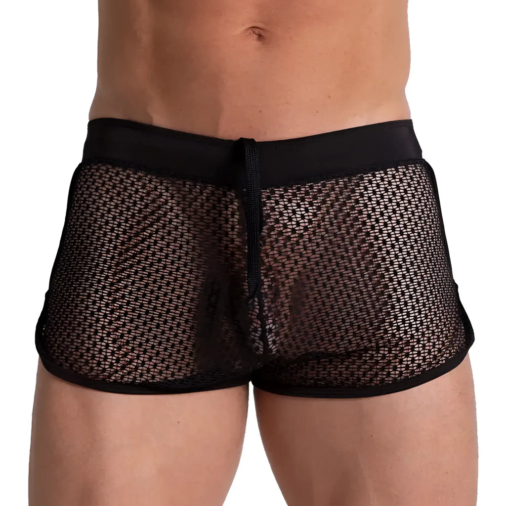 Black mesh briefs with a solid black elastic waistband and drawstring from the Gigo striking hotshort collection