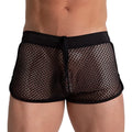Black mesh briefs with a solid black elastic waistband and drawstring from the Gigo striking hotshort collection