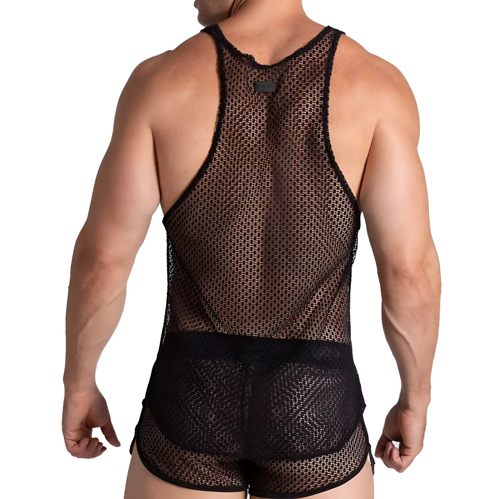 Black mesh gigo striking tank top with sheer patterned design and solid black trim on front side