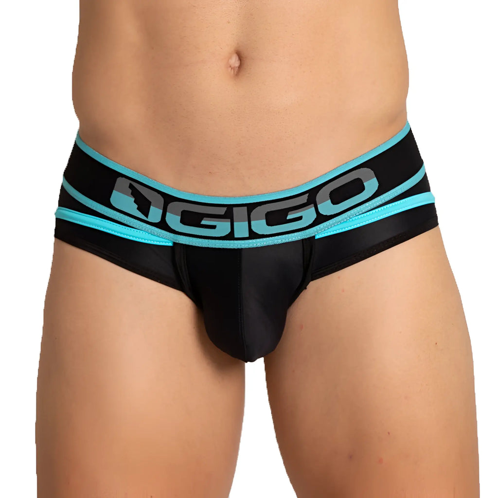 Black ogigo men’s briefs with teal and gray branding on waistband designed for comfort and style