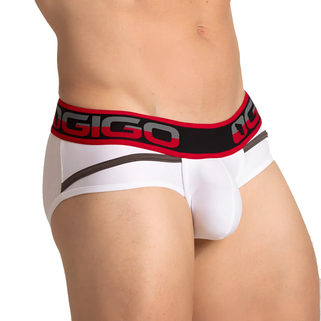 White men’s briefs with bold red and black elastic waistband featuring ogigo logo gray lettering gigo style white brief