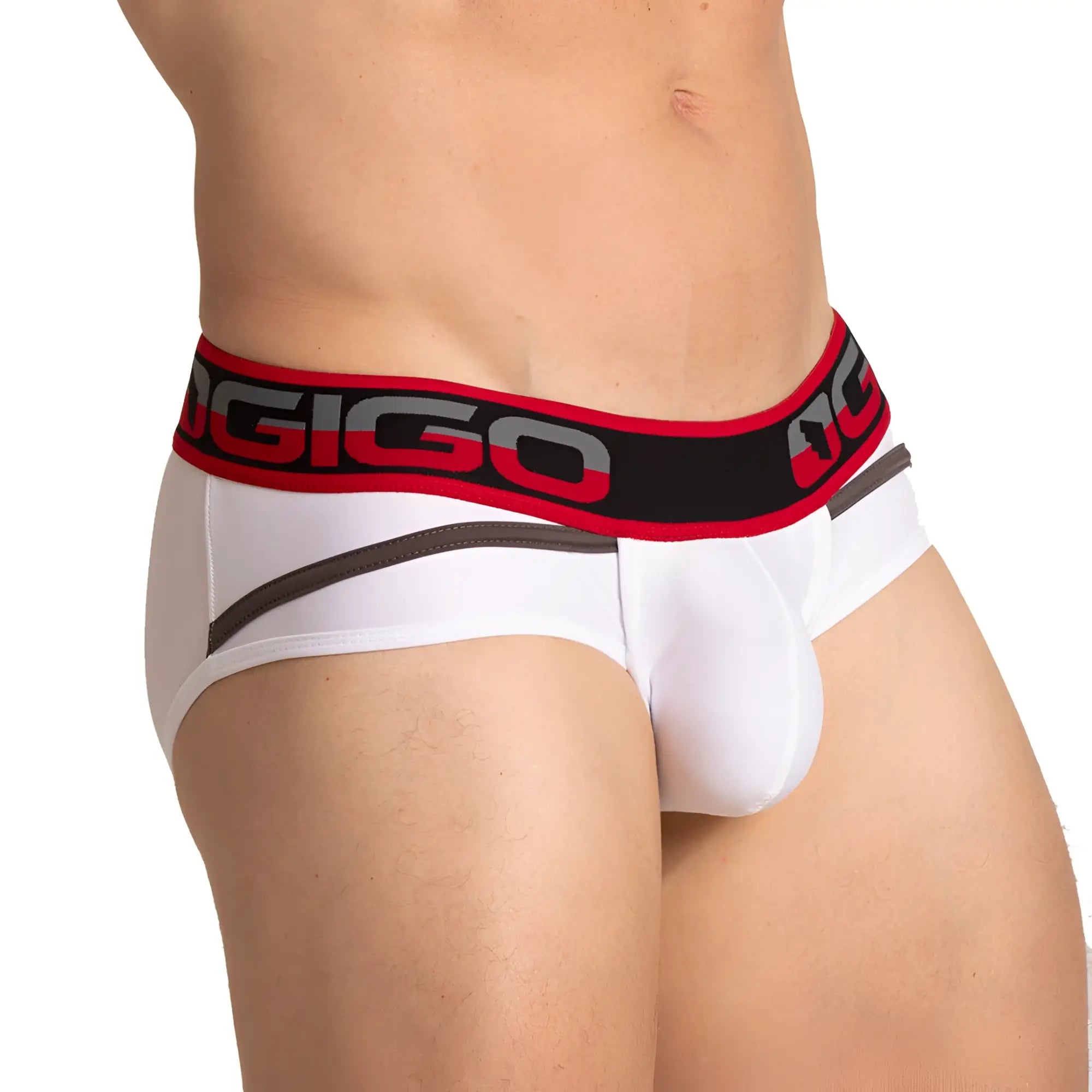 White men’s briefs with bold red and black elastic waistband featuring ogigo logo gray lettering gigo style white brief
